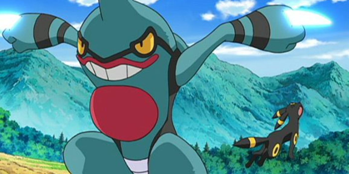 Toxicroak attacking Umbreon as they dash past each other in the Pokemon anime.