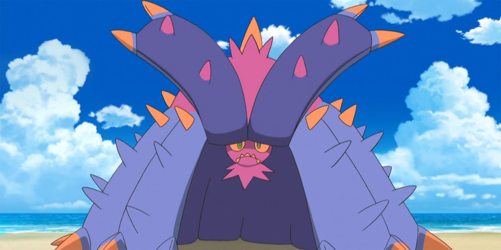 Toxapex looking disappointed on the beach in the Pokemon anime.