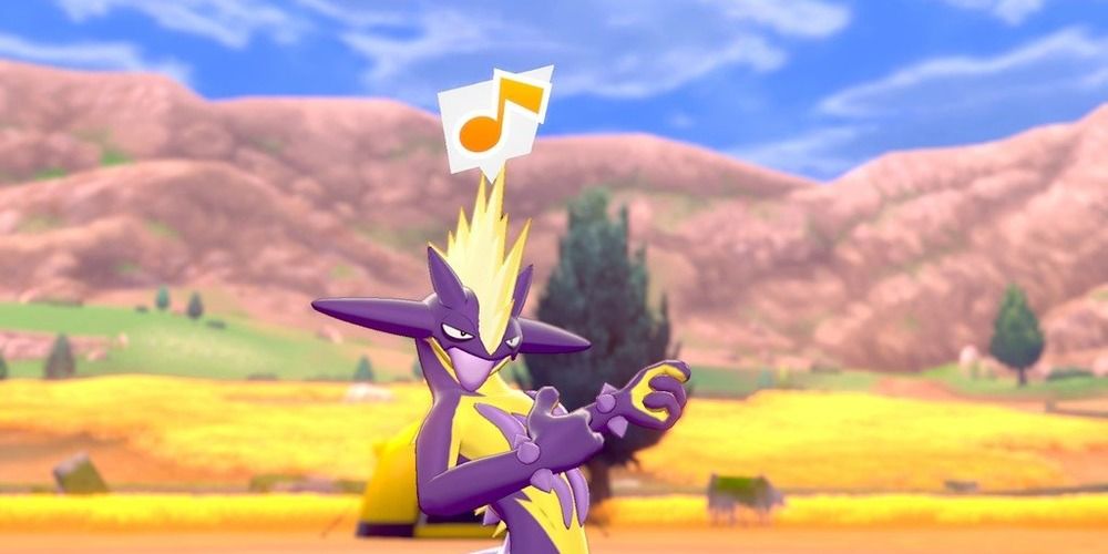 Toxtricity rocking out playing arm guitar in the Pokemon anime.