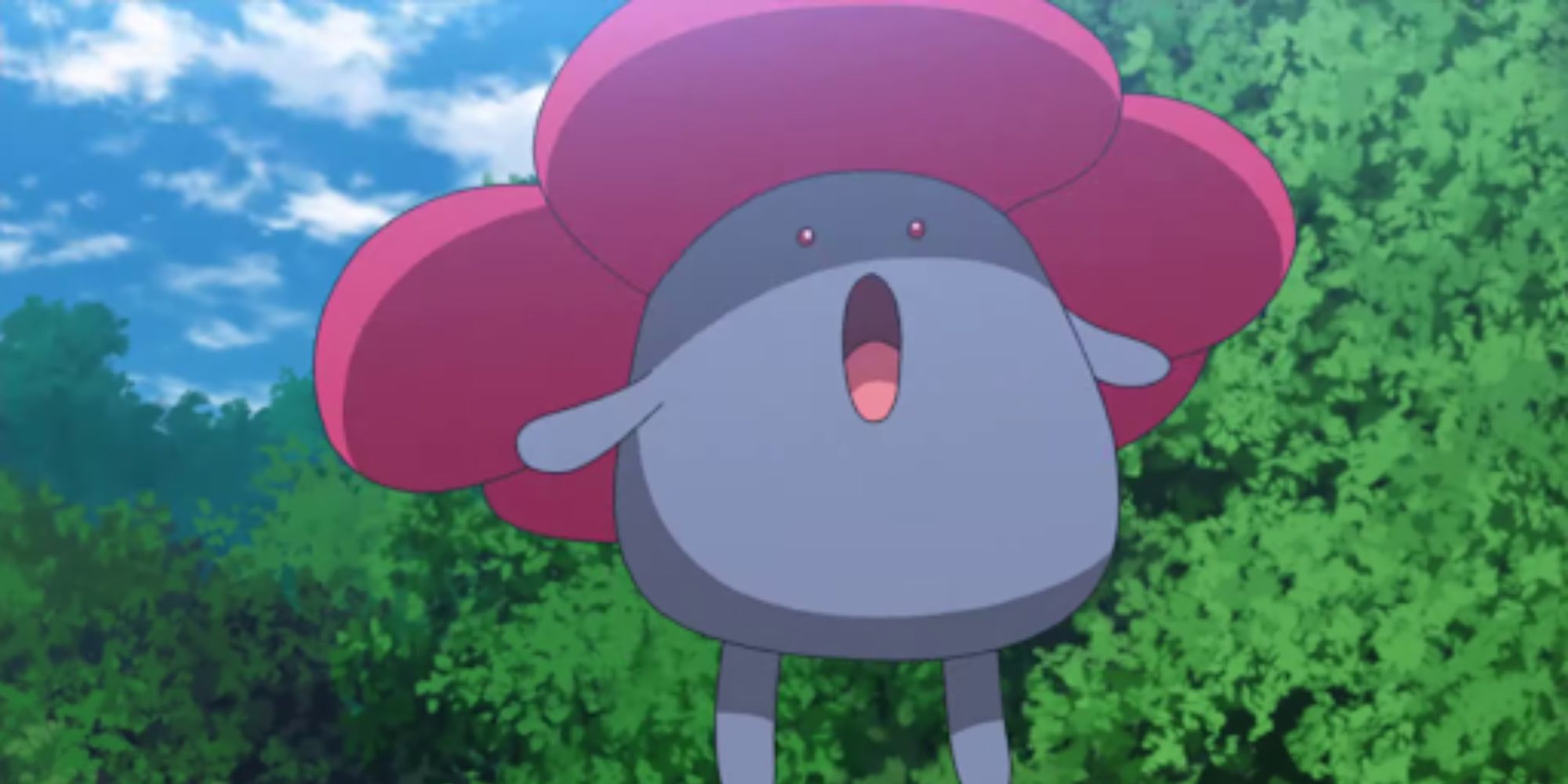 Vileplume opens its mouth wide in the Pokemon anime.