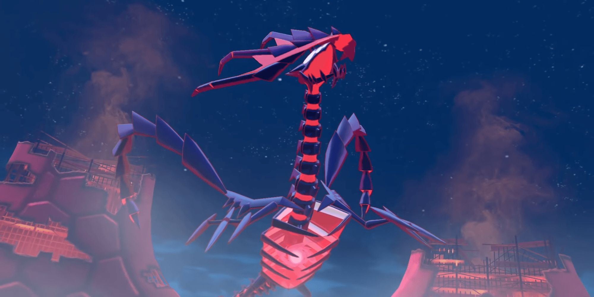 Eternatus glides gracefully upward in a dark sky in Pokemon Sword and Shield.