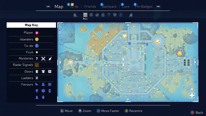 A screenshot from Mythwrecked showing the map. The island is roughly a circle, separated into different segments. There are large orange icons, blue symbols, and the entire map is dotted with yellow circles. The Map Key says: 