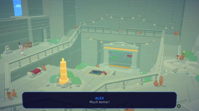 A screenshot from Mythwrecked showing a typical interior of the game: grey stone, blue sky, green bushes with yellow Ambrosia fruit growing on them. String lights are lit. The text says: 