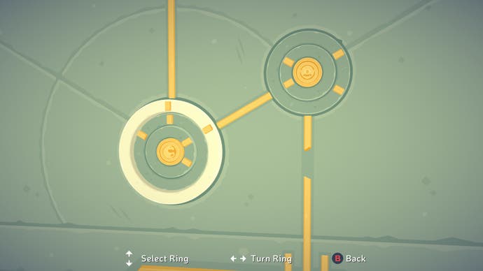 A screenshot from Mythwrecked showing one of the simple puzzles. There are two discs with another disc centred within them. You need to turn the rings to unlock the door.