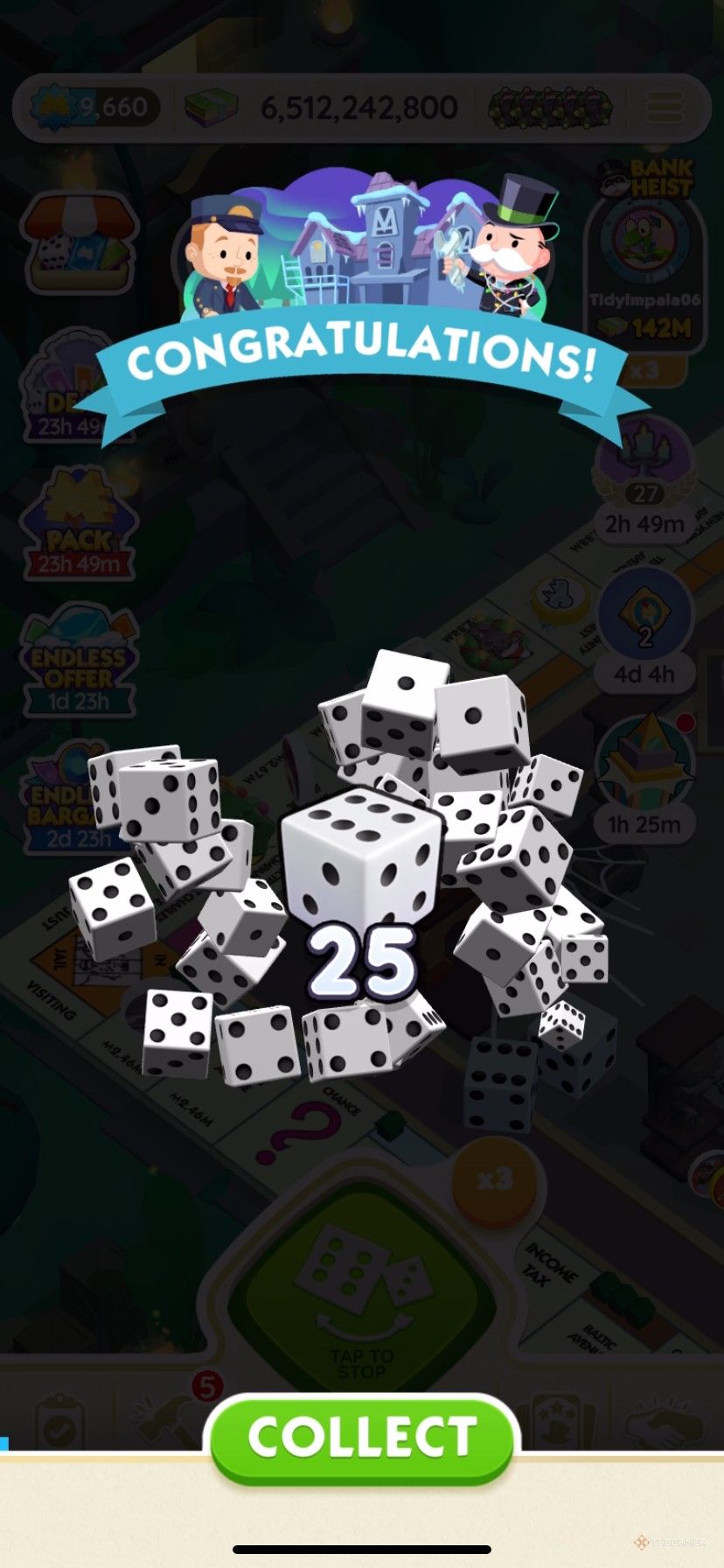 Earning free dice rolls from the Chilling Construction event in Monopoly Go.