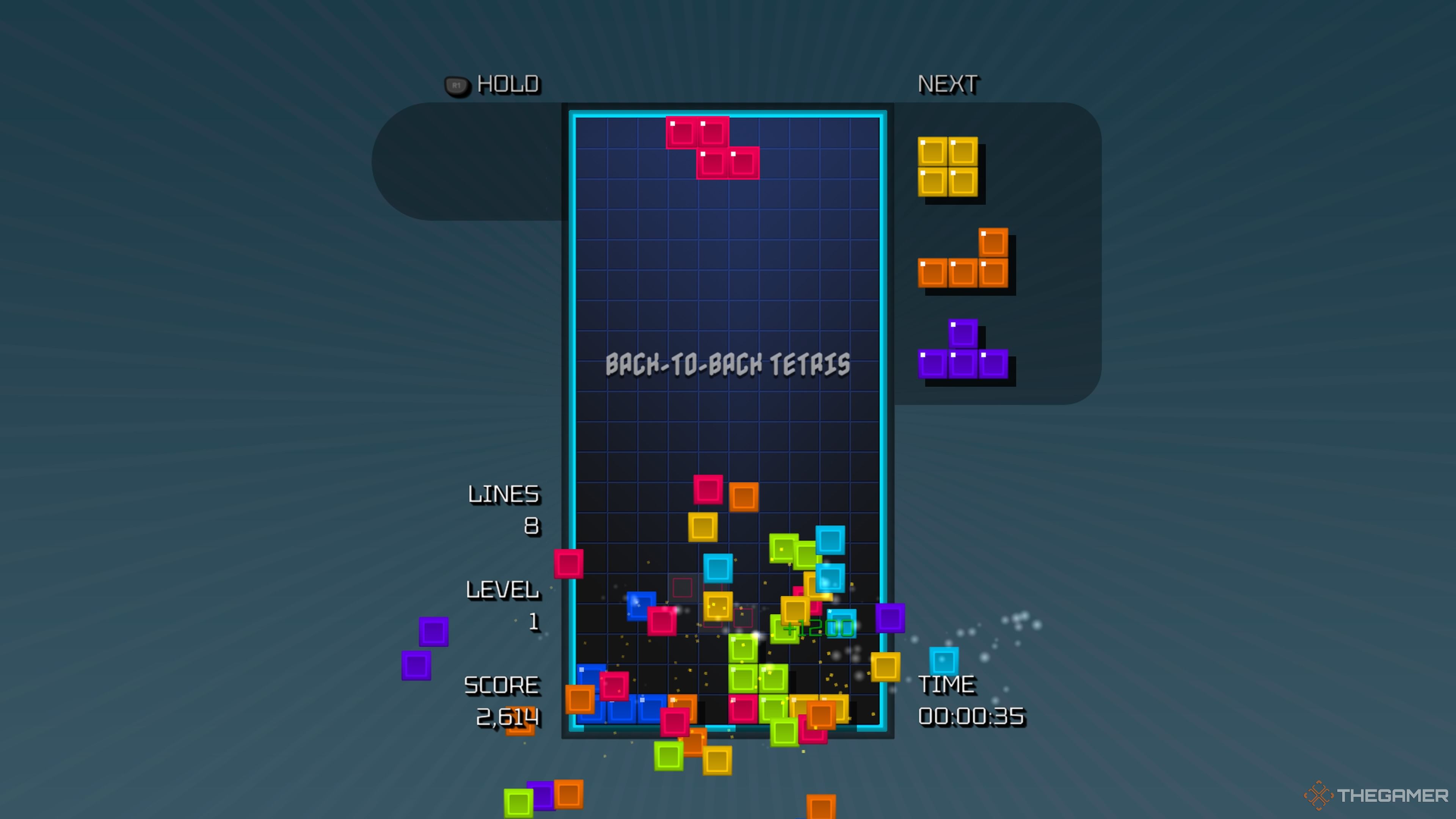 Tetrominos fall down the screen after a back-to-back Tetris line clear in Tetris Time Warp, a game featured in Tetris Forever.