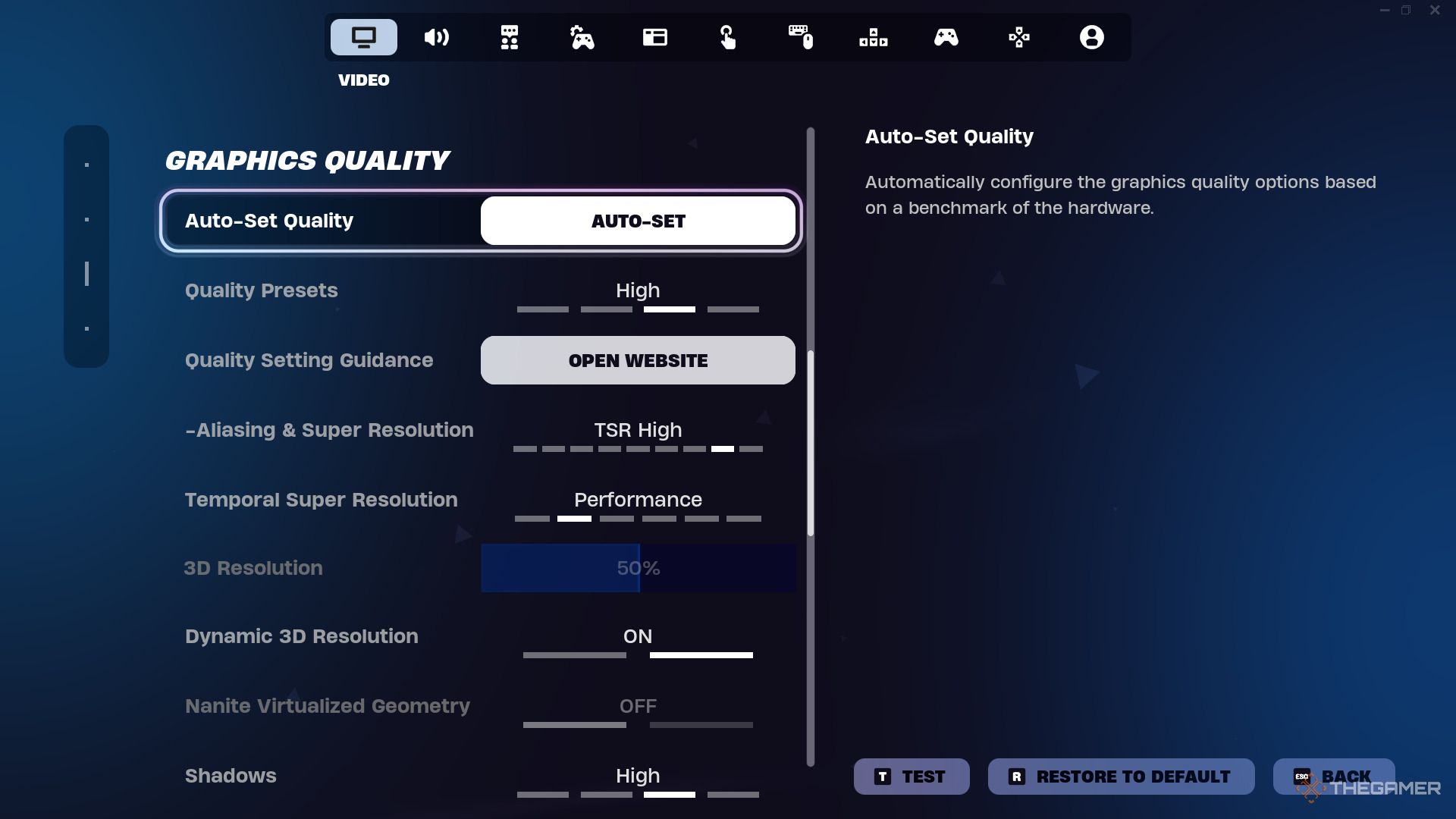 Fortnite settings tab showing visual settings.