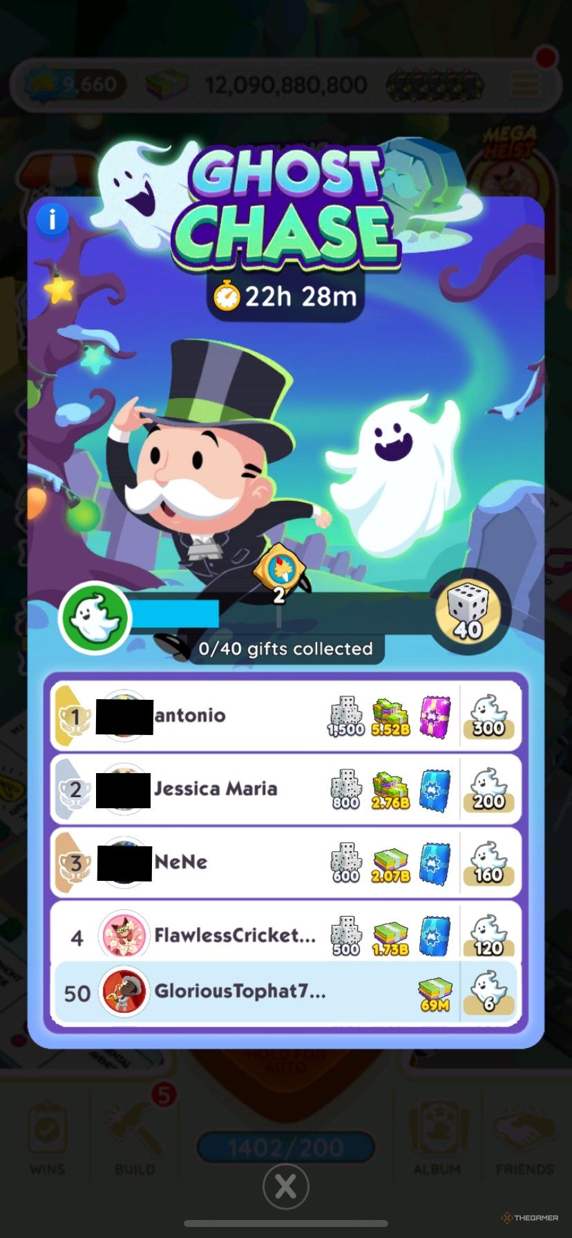 A leaderboard for Ghost Chase in Monopoly Go