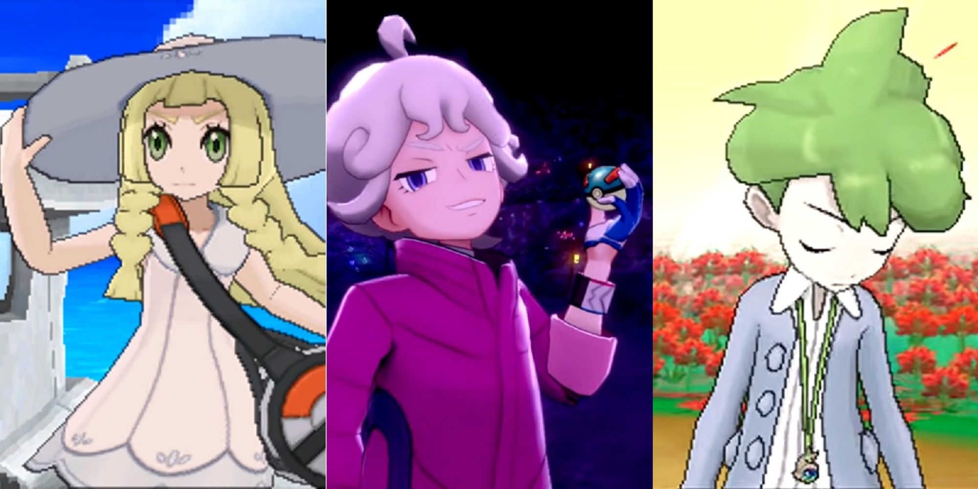 Split image of Lillie on a boat in Pokemon Sun and Moon, a battle-ready Bede in Pokemon Sword and Shield, and Wally after losing to the player in Pokemon Omega Ruby and Alpha Sapphire