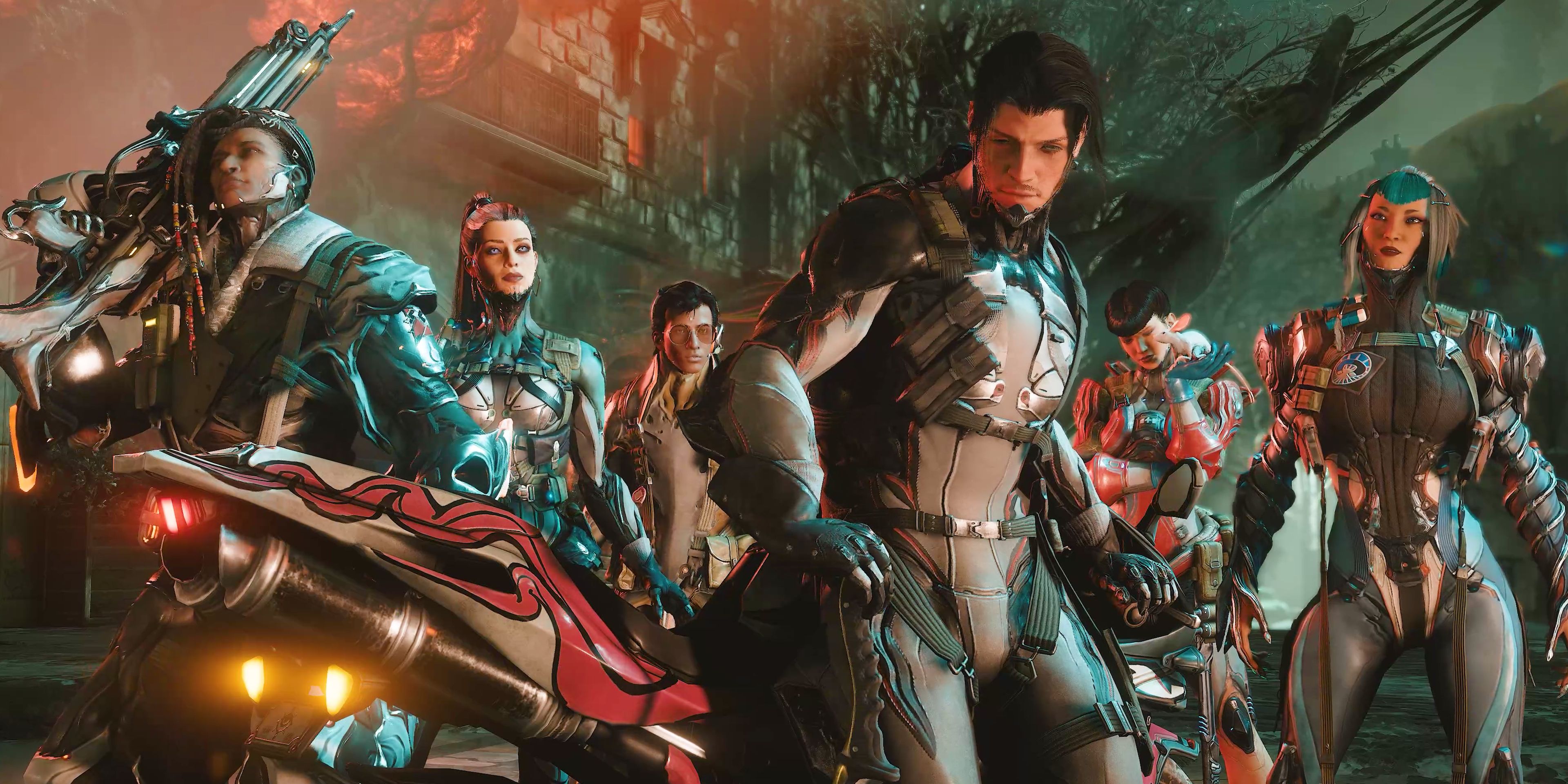 The members of The Hex posing besides an atomicycle in Warframe.