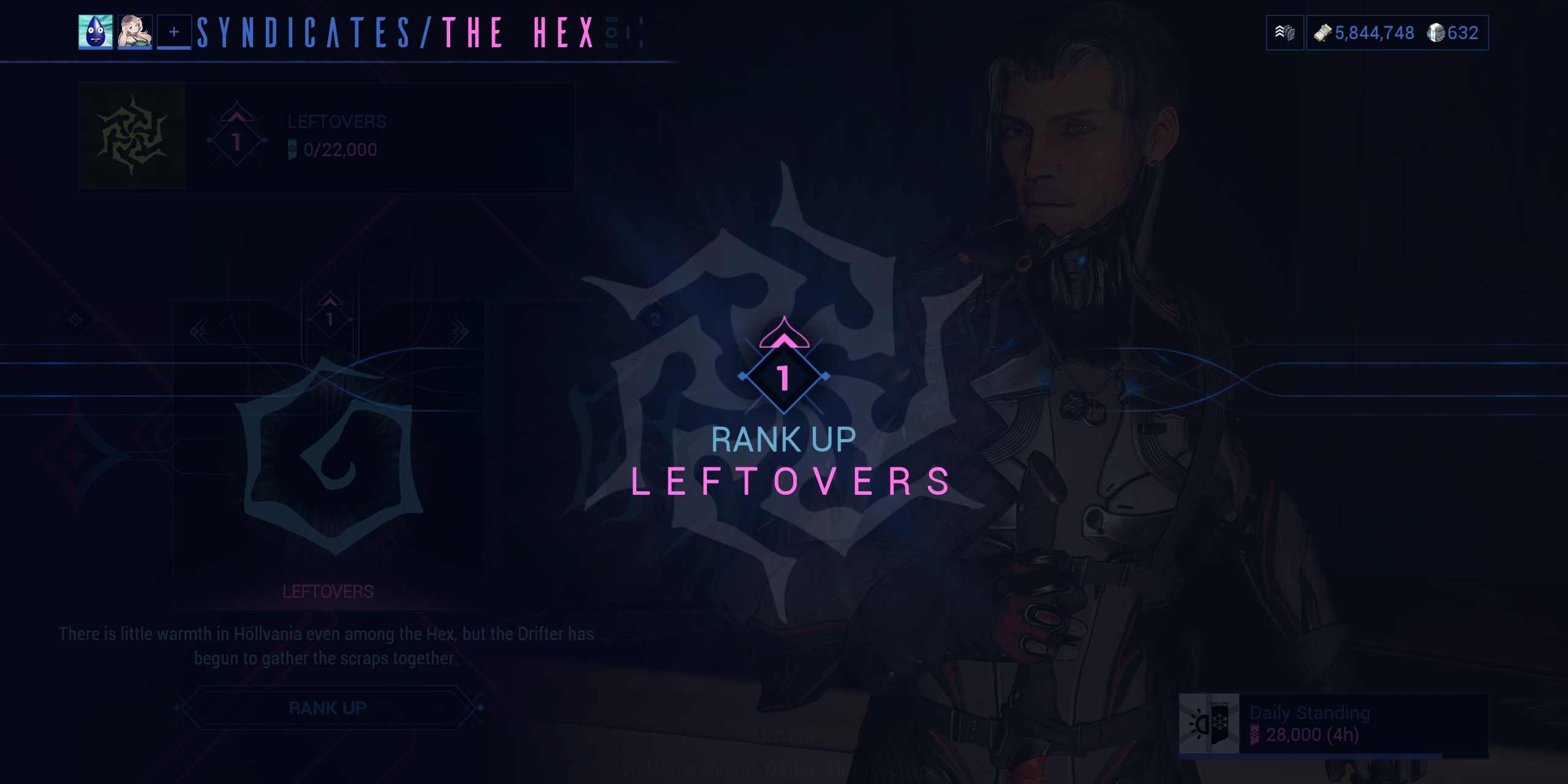 Rank up screen of the Hex syndicate in Warframe.