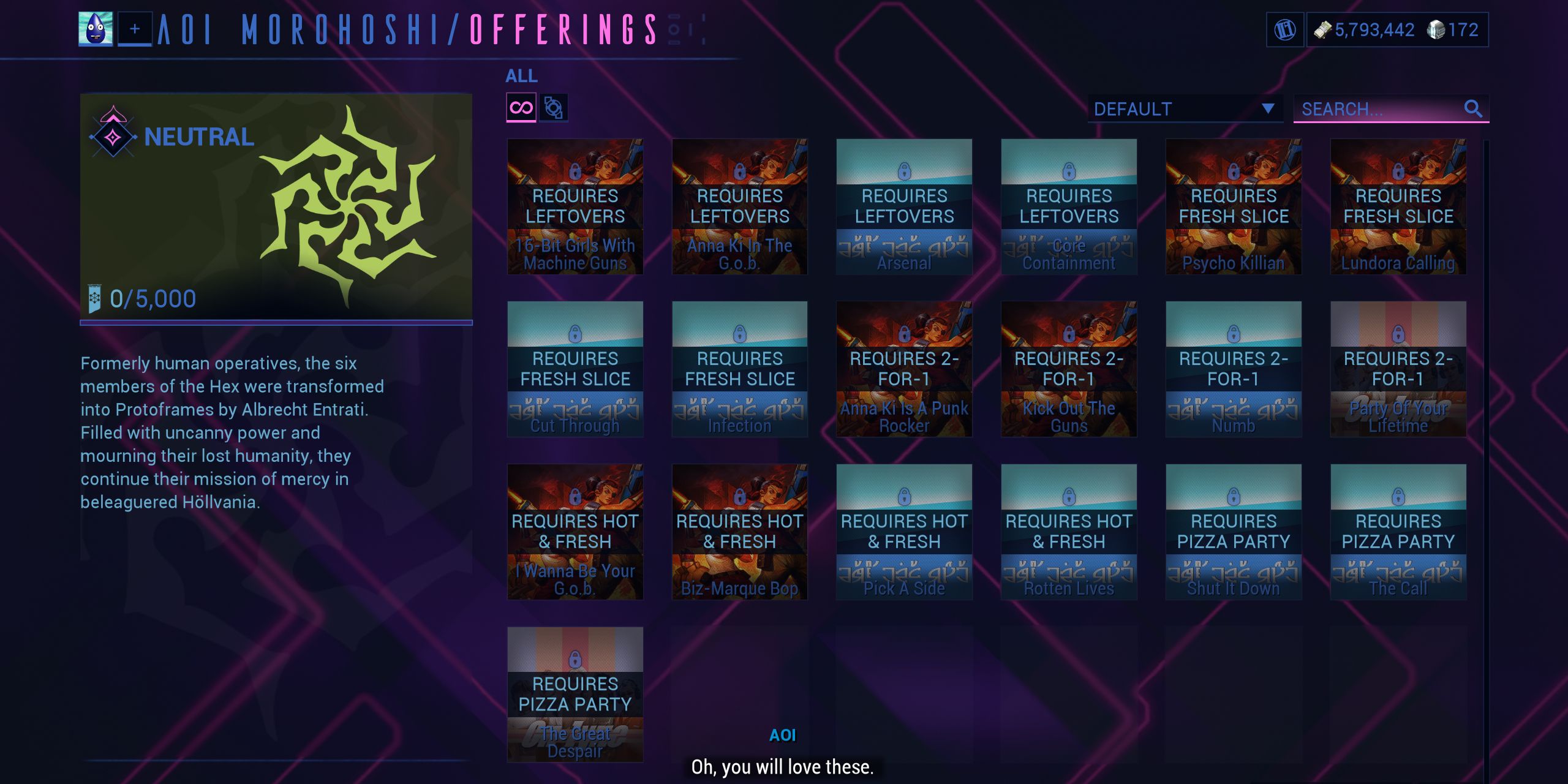 Aoi Vendor Menu in Warframe.