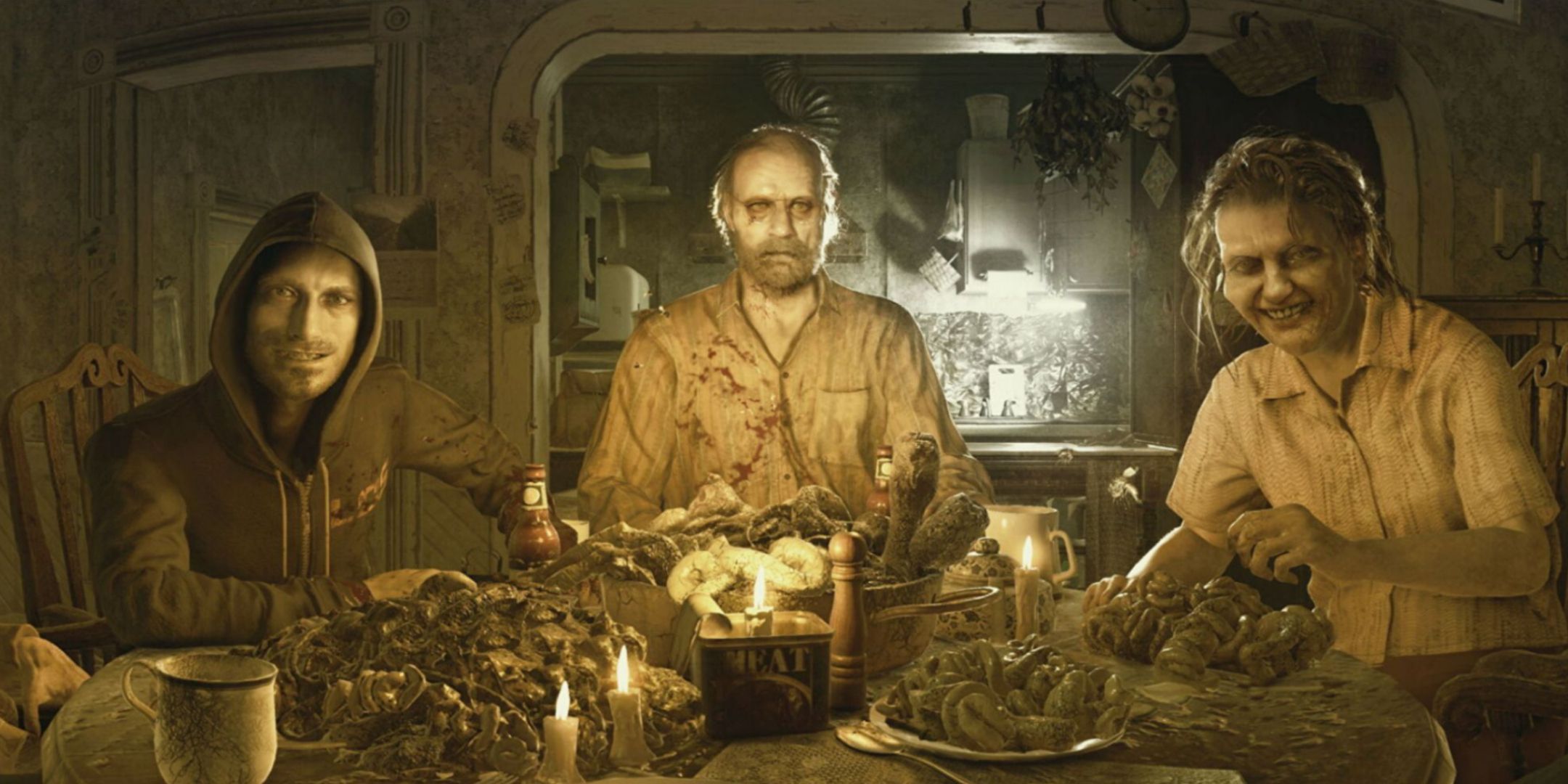 Lucas, Jack, and Marguerite Baker at the dinner table in Resident Evil 7.