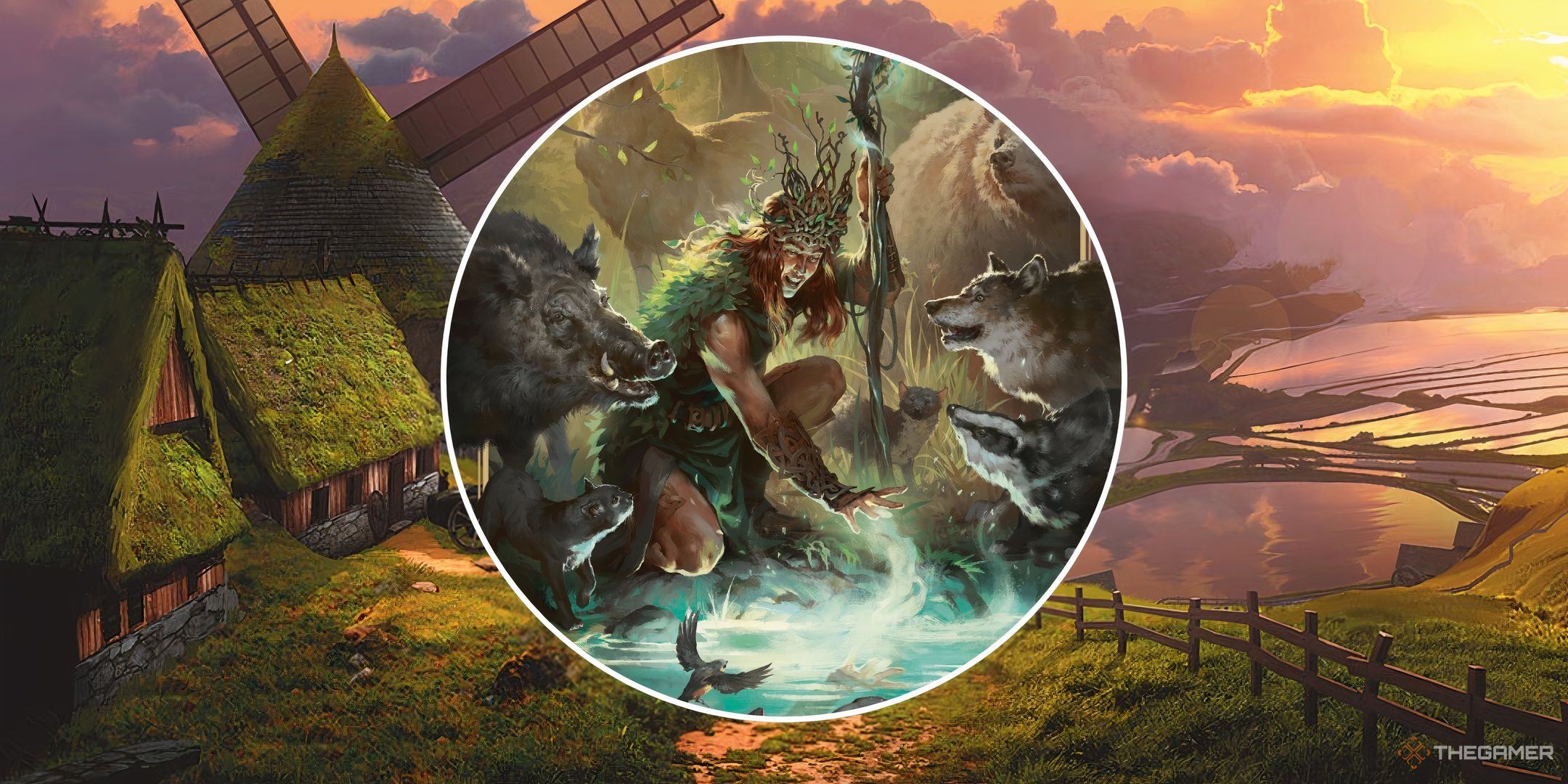 A Druid casting a spell on the land in a split image with a farm in Dungeons & Dragons.