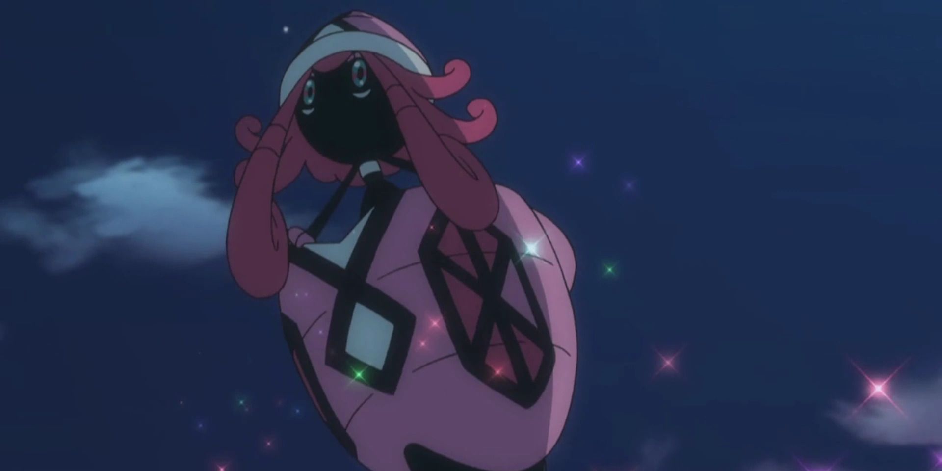 Tapu Lele floating in the night sky in the Pokemon Anime.