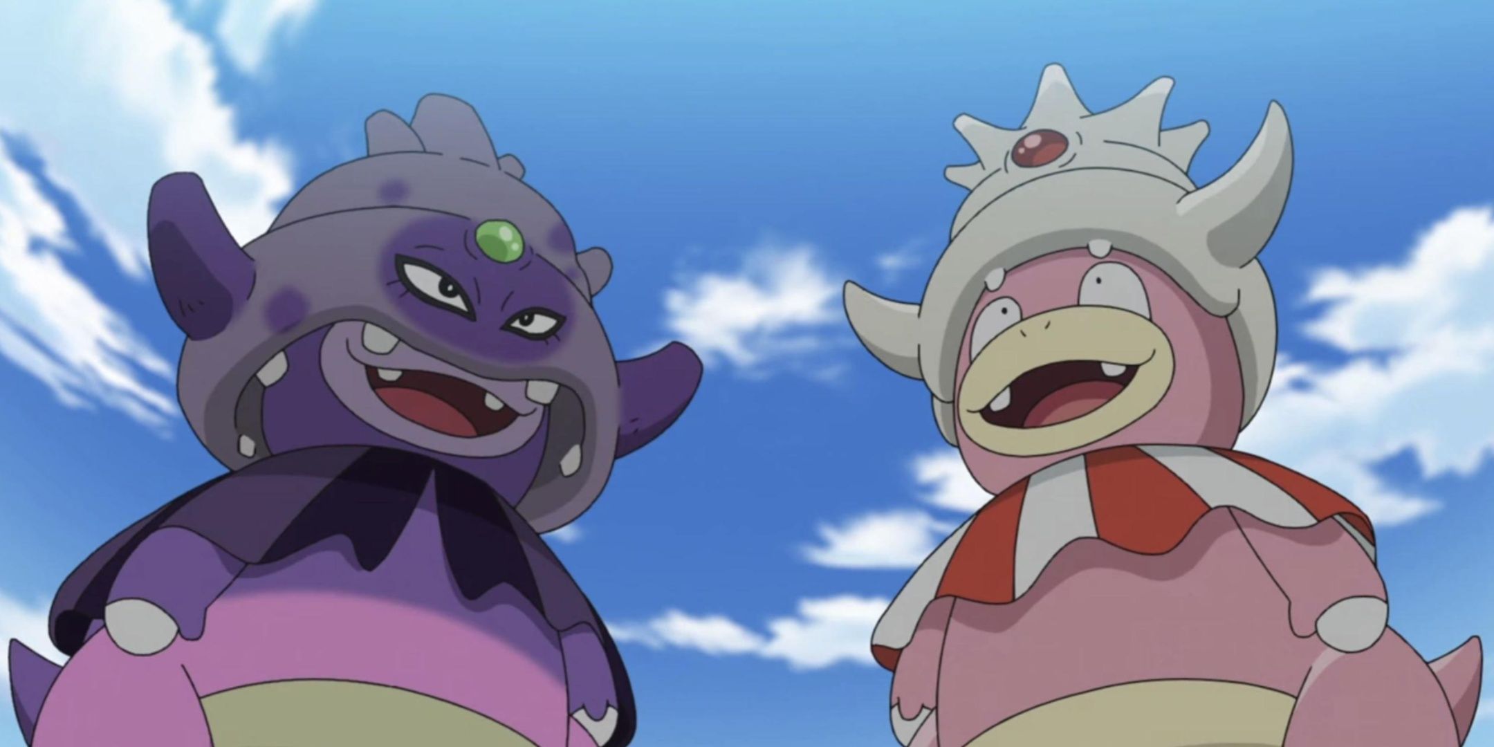 Galarian Slowking and Slowking side by side in the Pokemon Anime