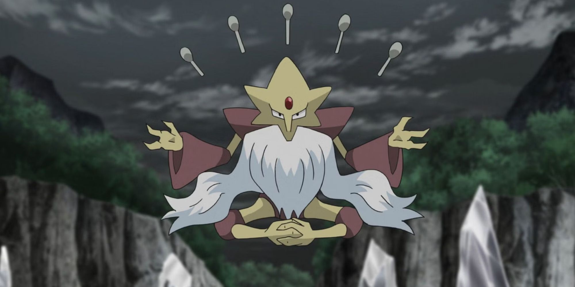 Mega Alakazam floats at night in the Pokemon anime.