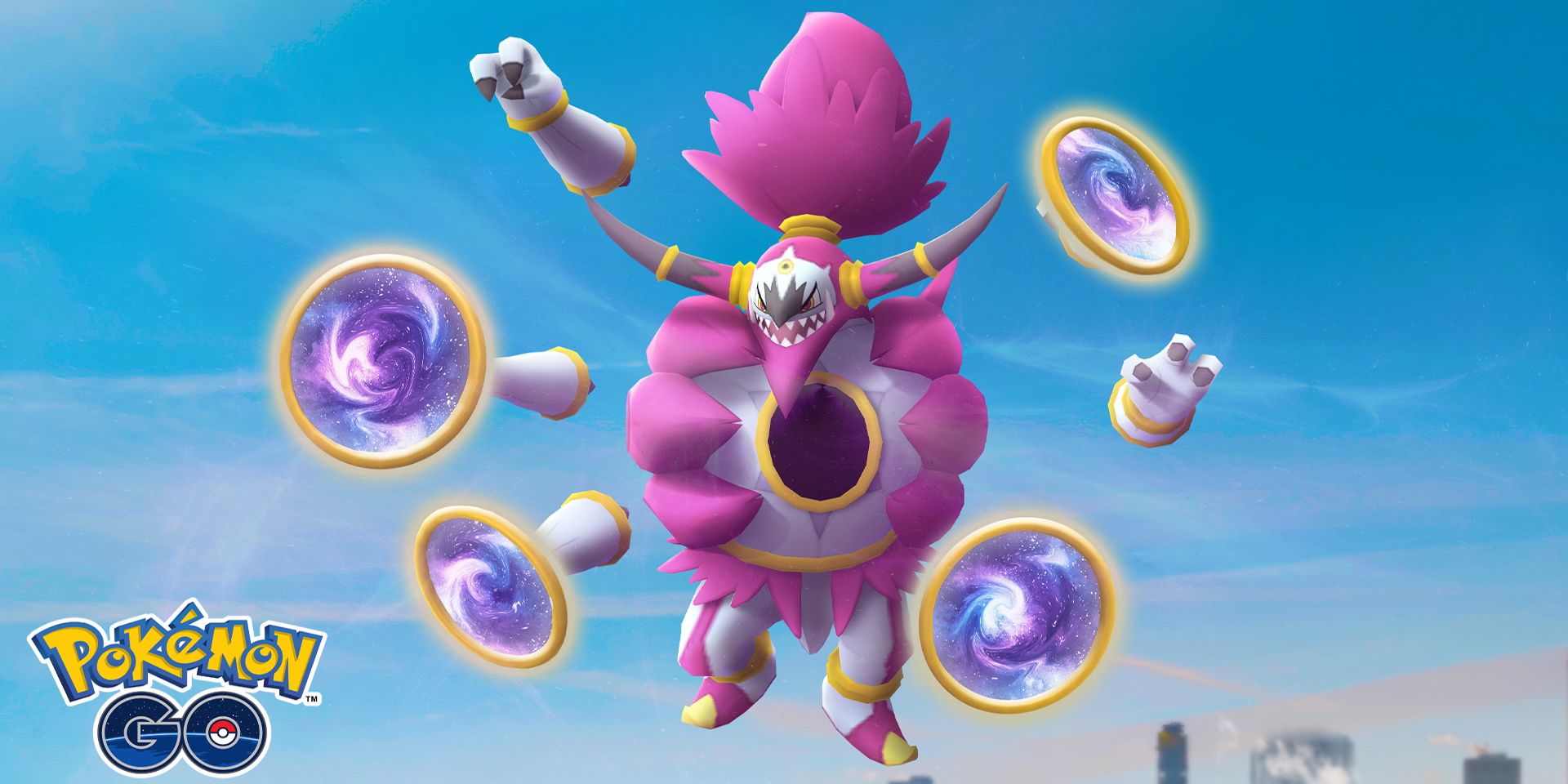 Hoopa Unbound from Pokemon flying in the sky with the Pokemon Go logo in the corner.