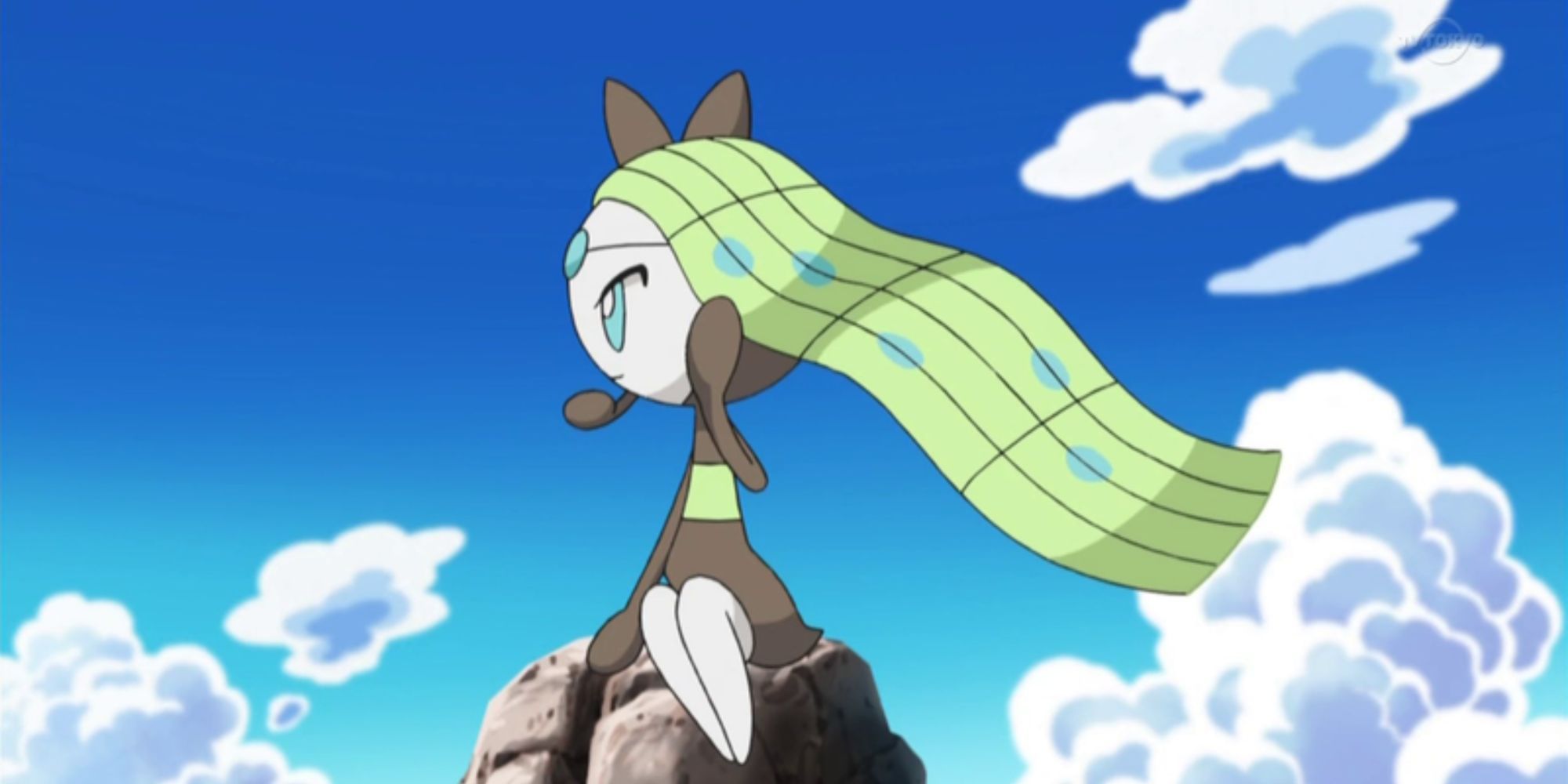 Meloetta sits on a rock on a sunny day in the Pokemon anime.