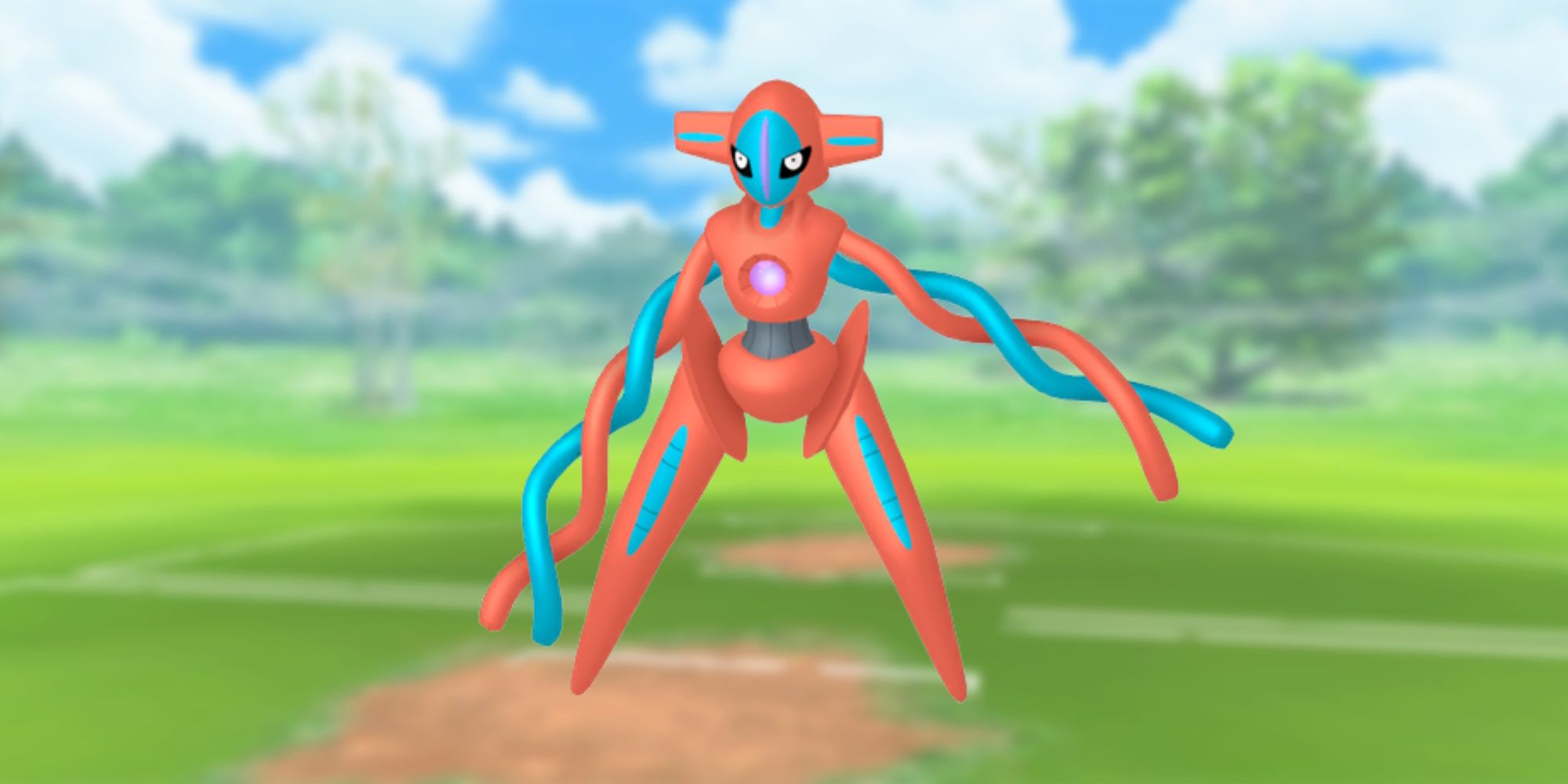 Normal Forme Deoxys from Pokemon, with the Pokemon Go battlefield as the background