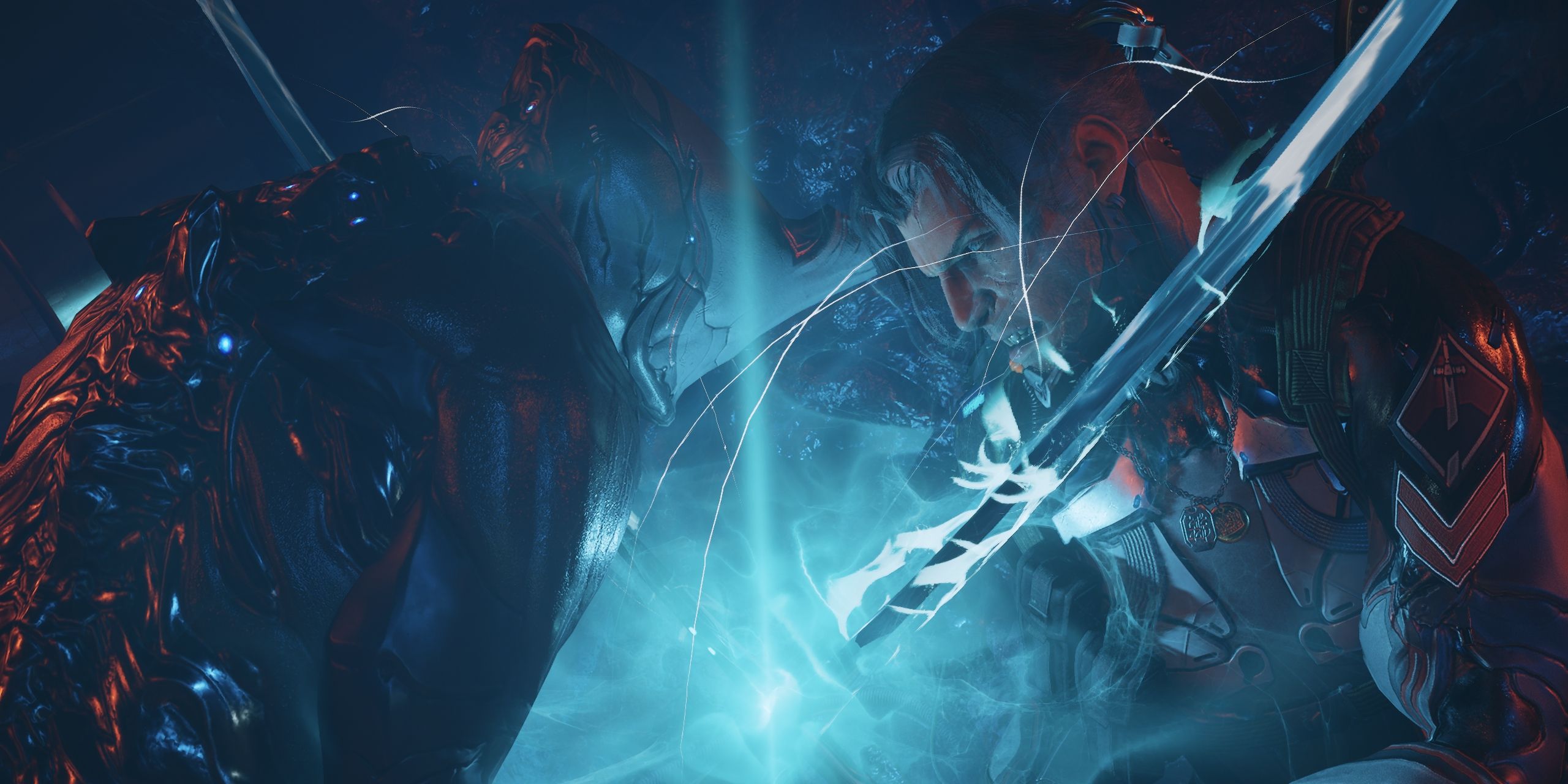 Excalibur and Arthur clashing in Warframe.