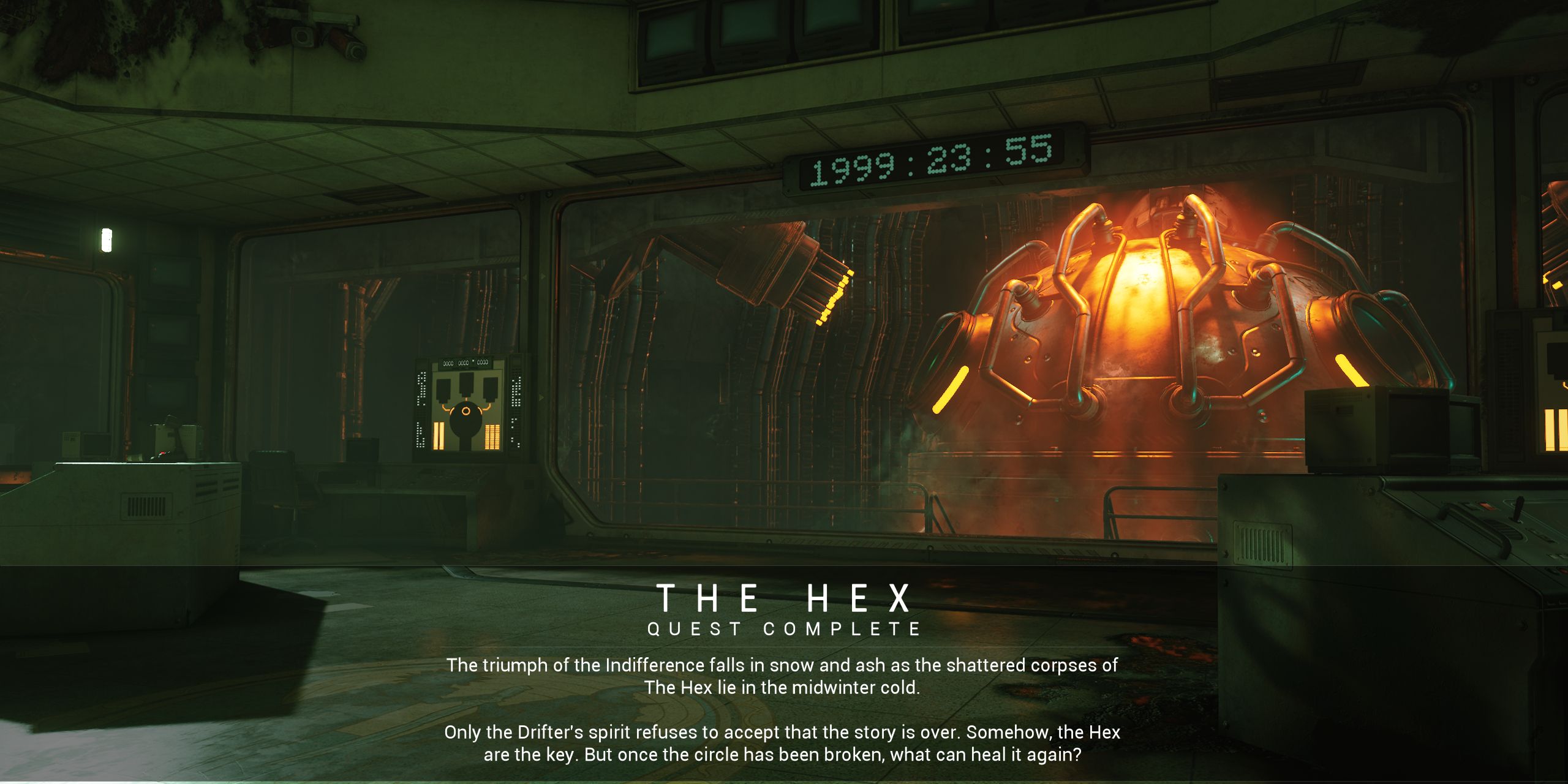 The closing screen for The Hex quest in Warframe.