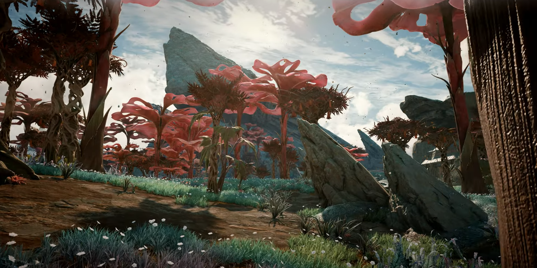 Vibrant alien forest with colorful trees and jagged rocks in The Outer Worlds 2