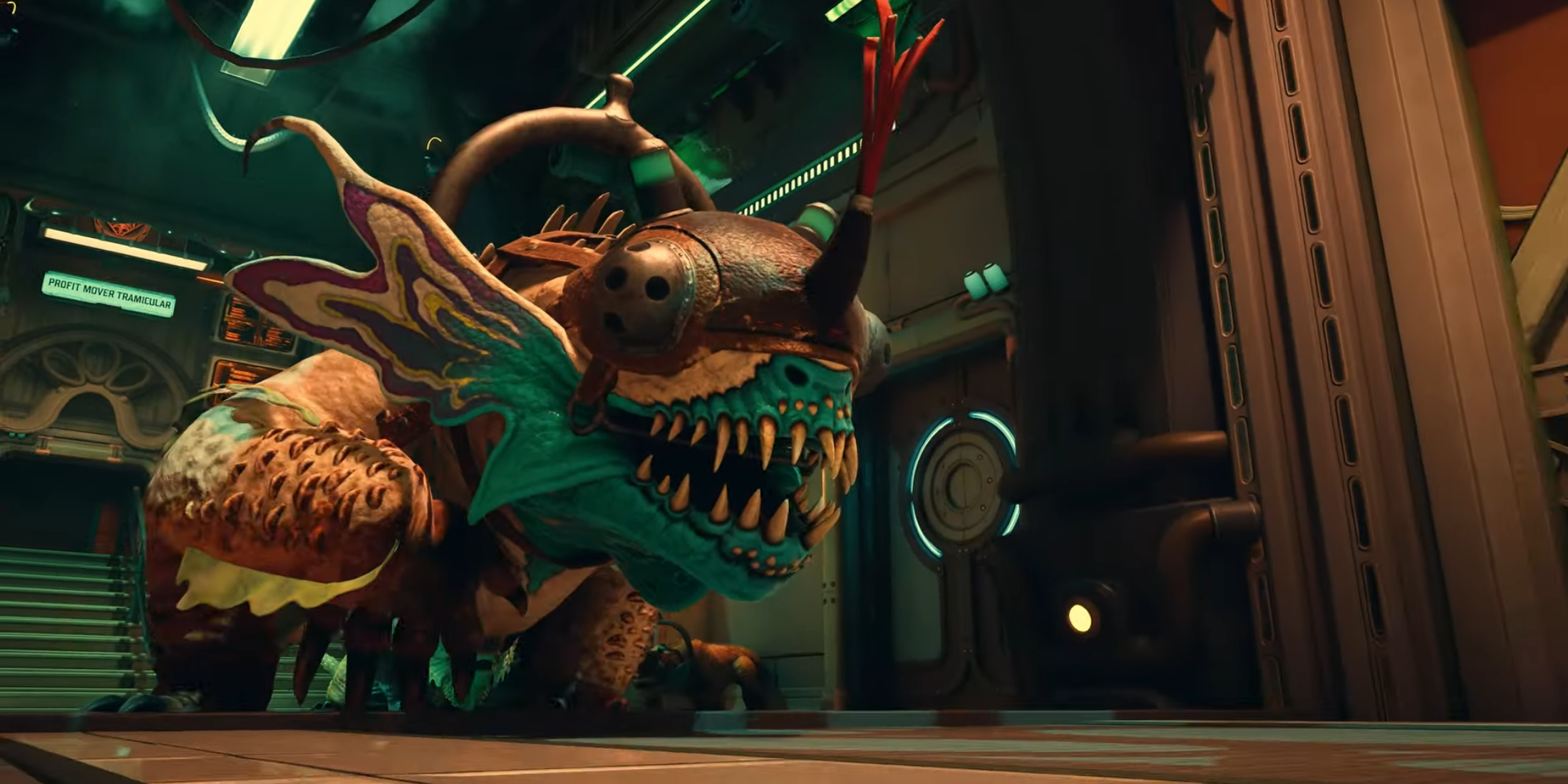 Close-up of a monstrous alien creature in a lab in The Outer Worlds 2