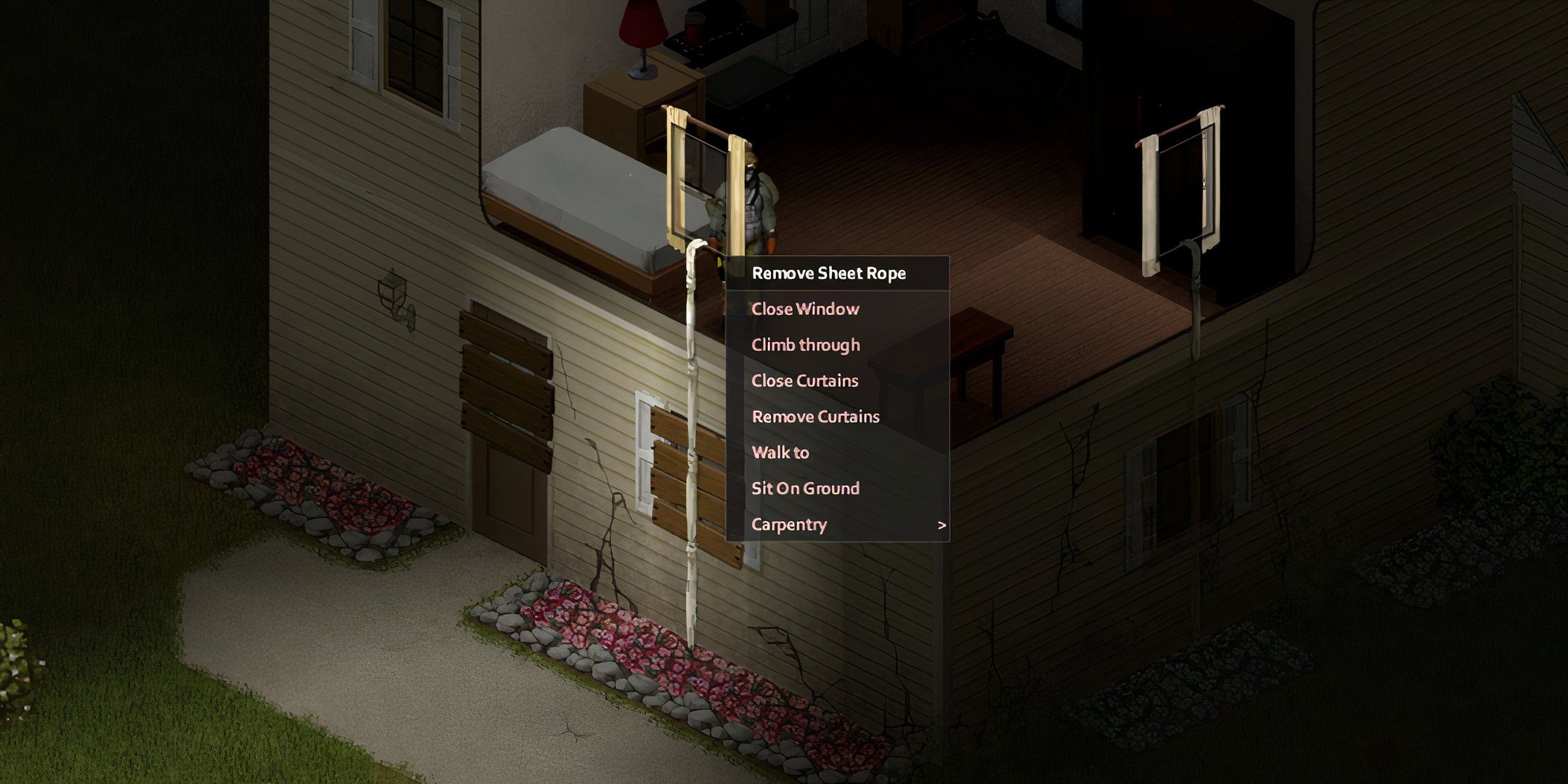 Sheet rope hanging from a window with menu options in Project Zomboid. 