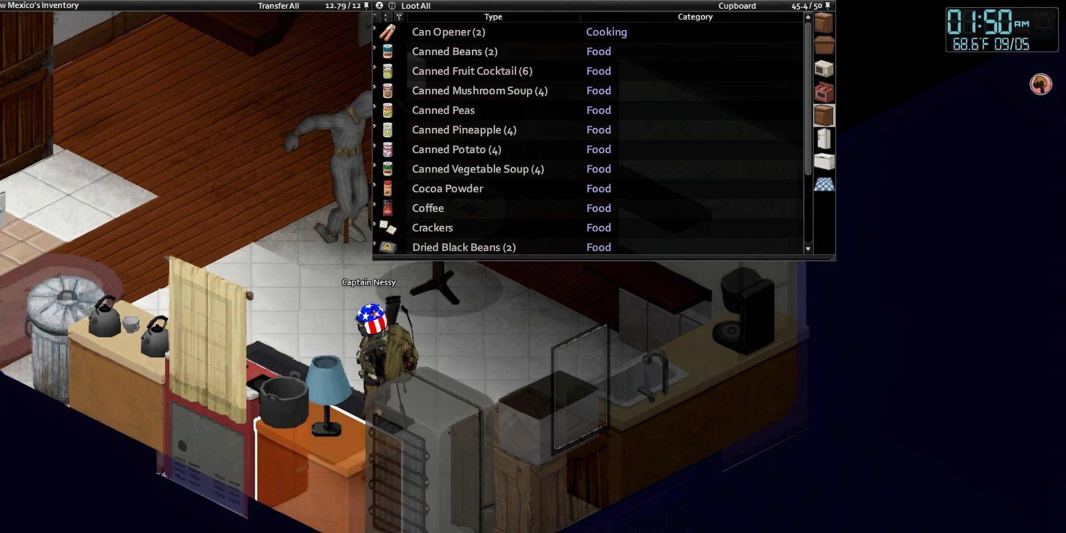 Menu showing many different canned food items and a can opener in Project Zomboid.