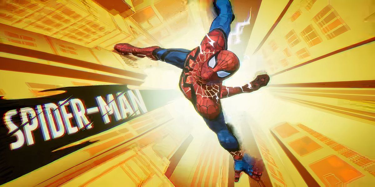 Spider-Man in Marvel Rivals shown jumping downwards against a yellow building background.