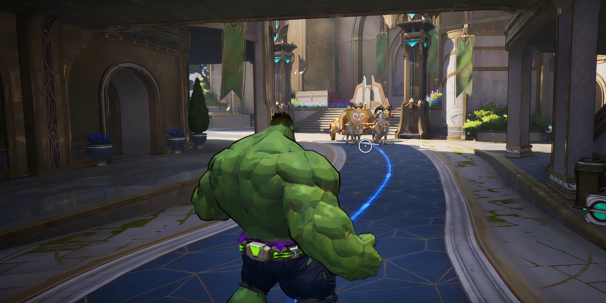 The Hulk in Marvel Rivals standing on a blue path aiming at enemies.