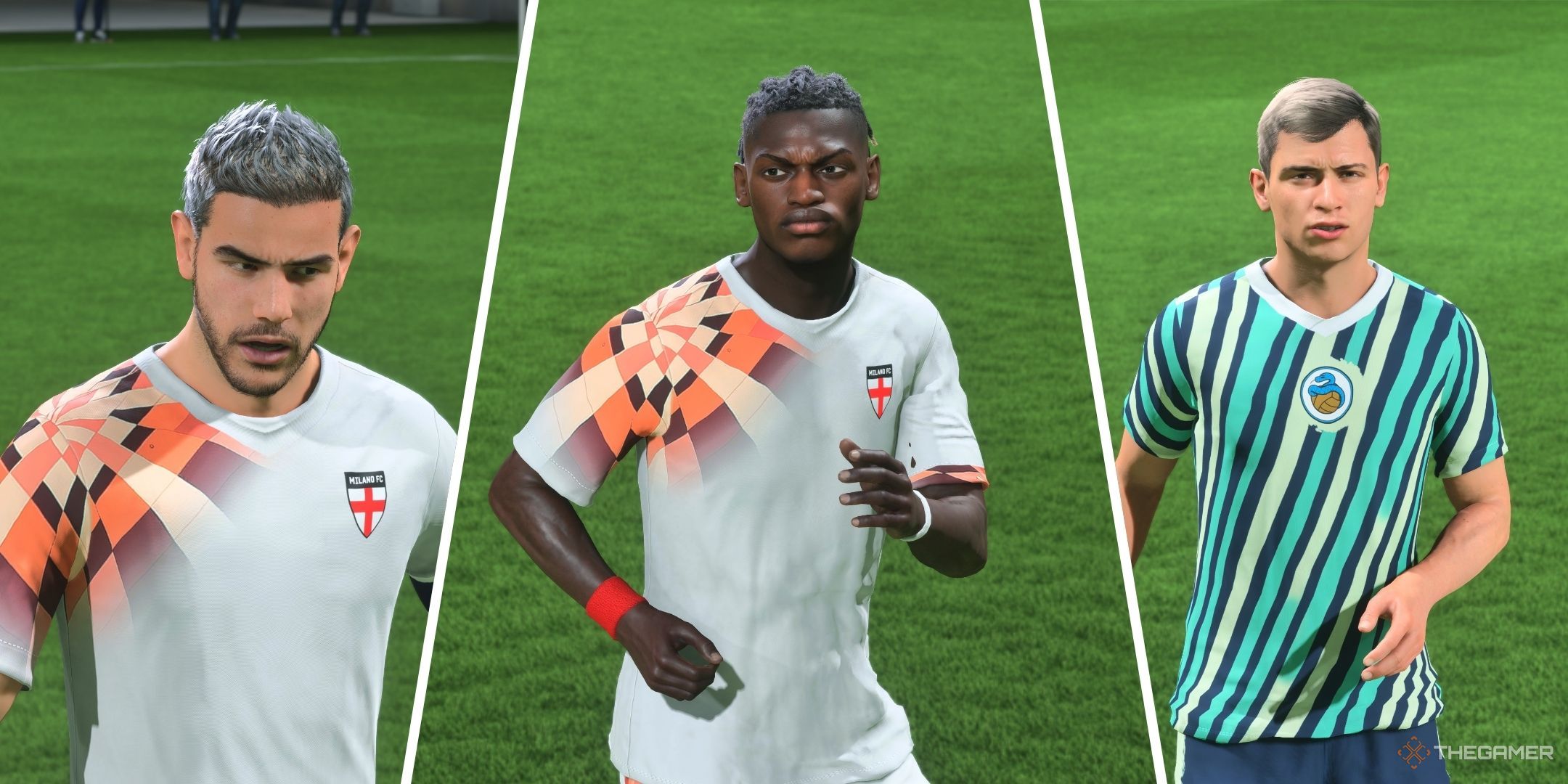 A split image of Theo Hernandez, Rafa Leao, and Nicolo Barella in EA Sports FC 25.