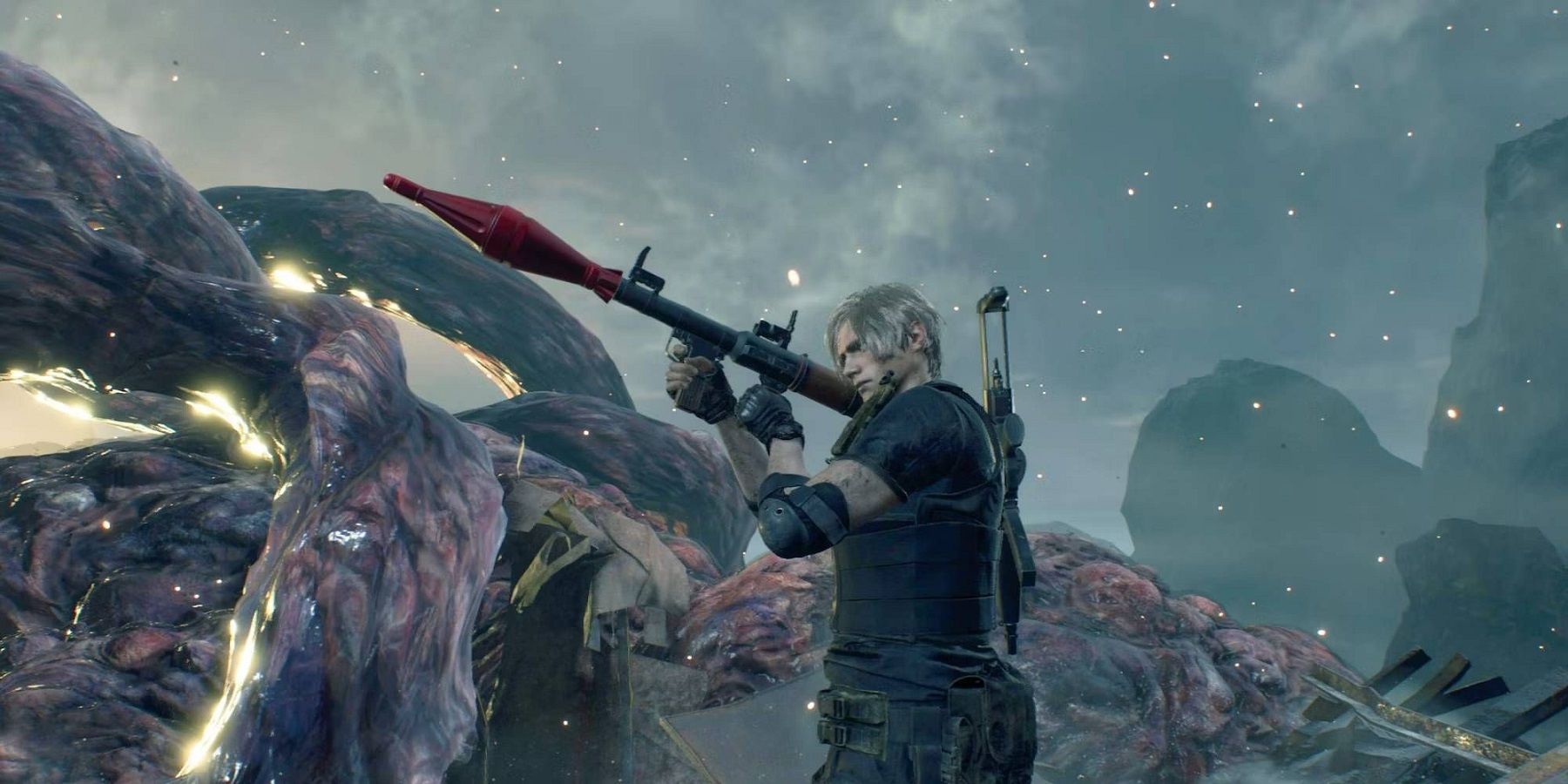 Image from the remake of Resident Evil 4 showing Leon Kennedy holding the rocket launcher.