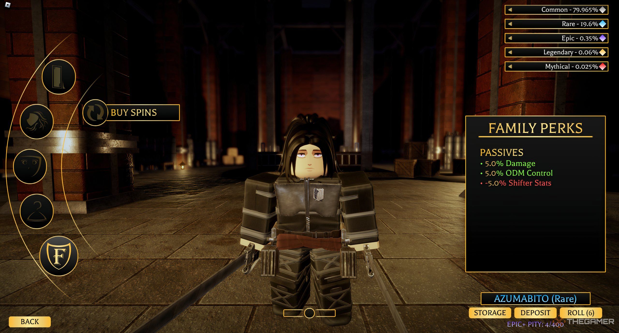 A player in the customization screen of Roblox: Attack on Titan Revolution rolling for a new name.