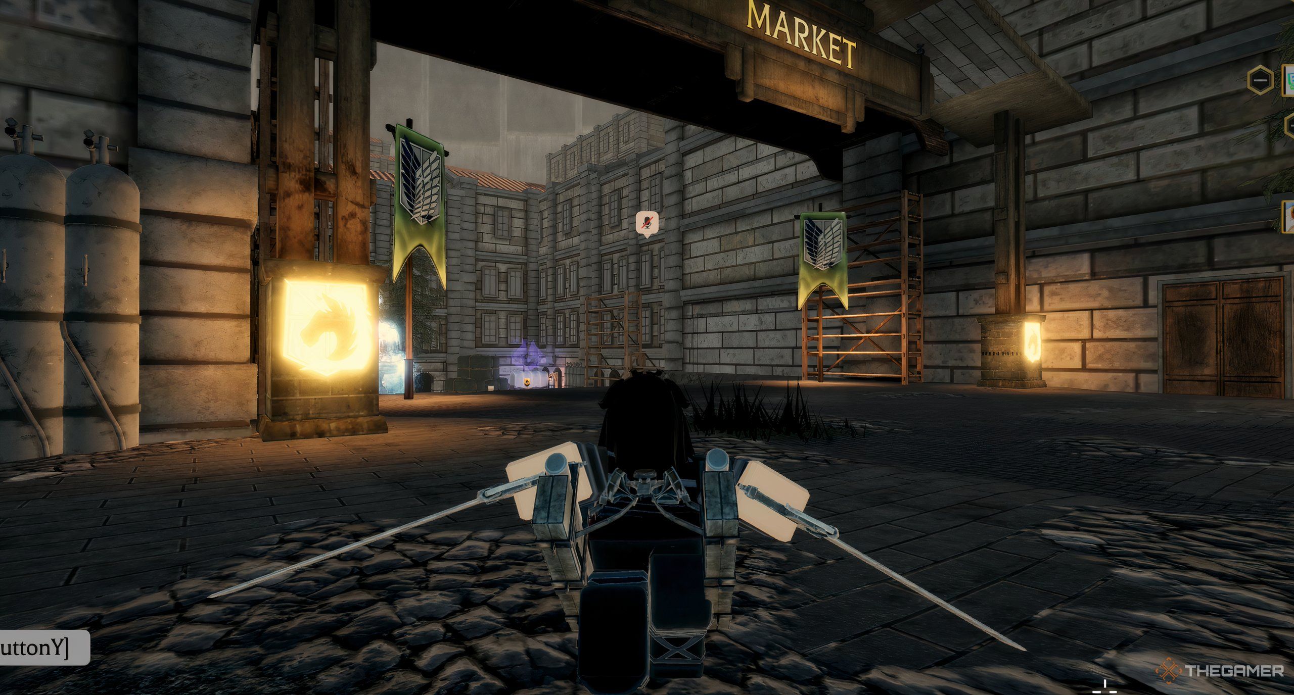 A player in Roblox: Attack on Titan Revolution running around in the lobby.