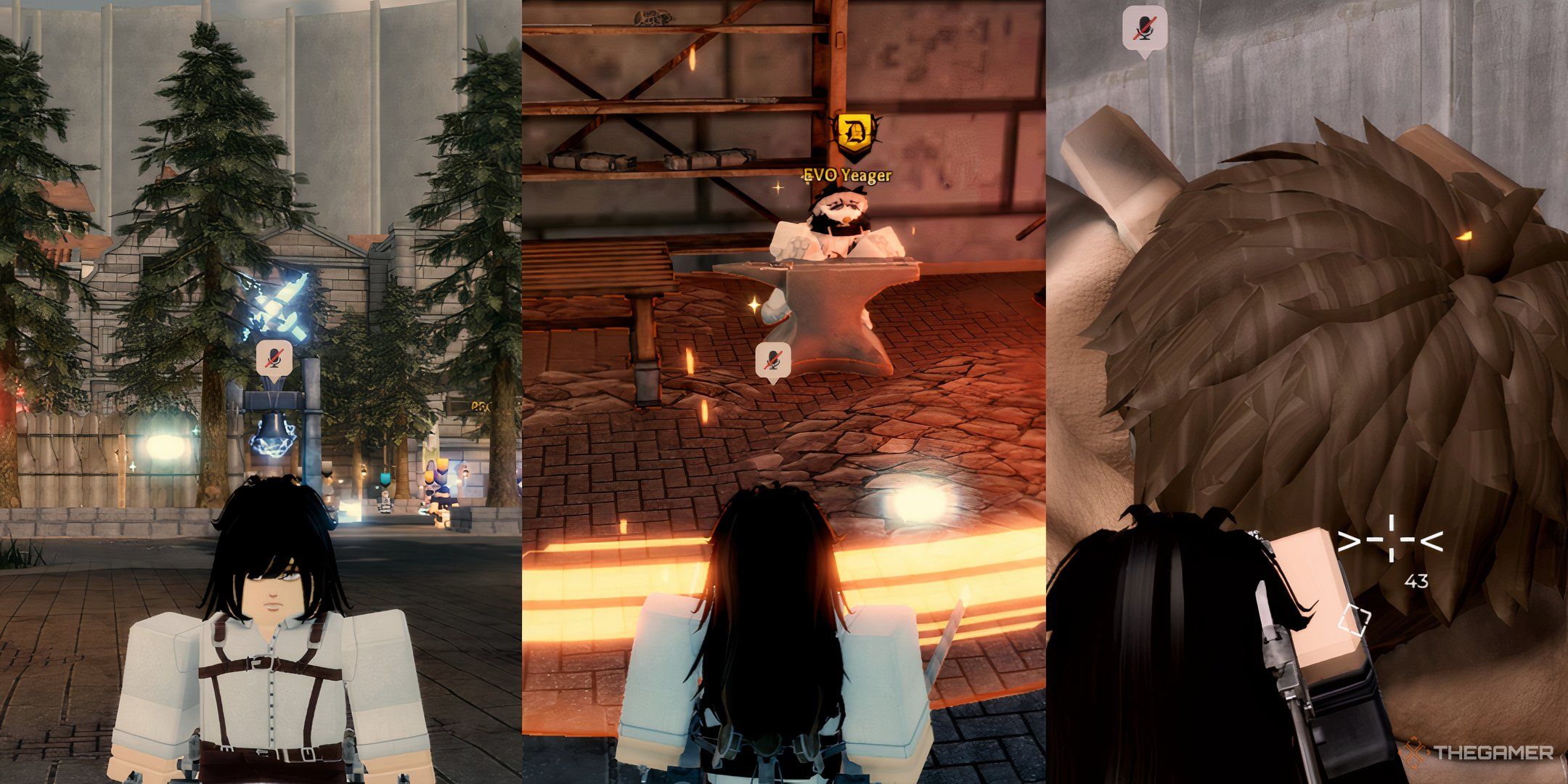 A player in Roblox: Attack on Titan Revolution in the lobby, upgrading their gear and killing a titan.