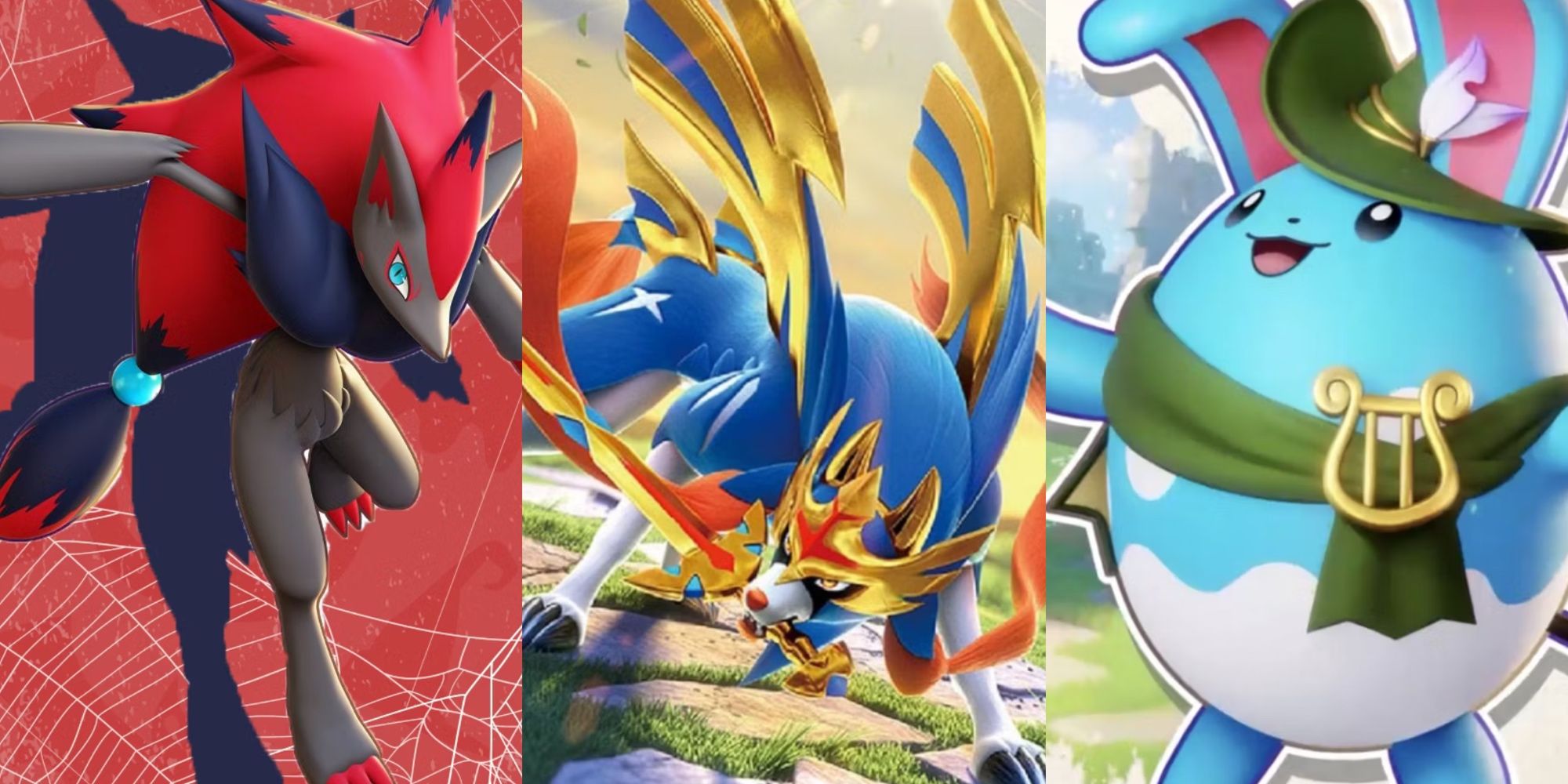 A split image of Zoroark, Zacian, and Azumarill in Pokemon Unite.