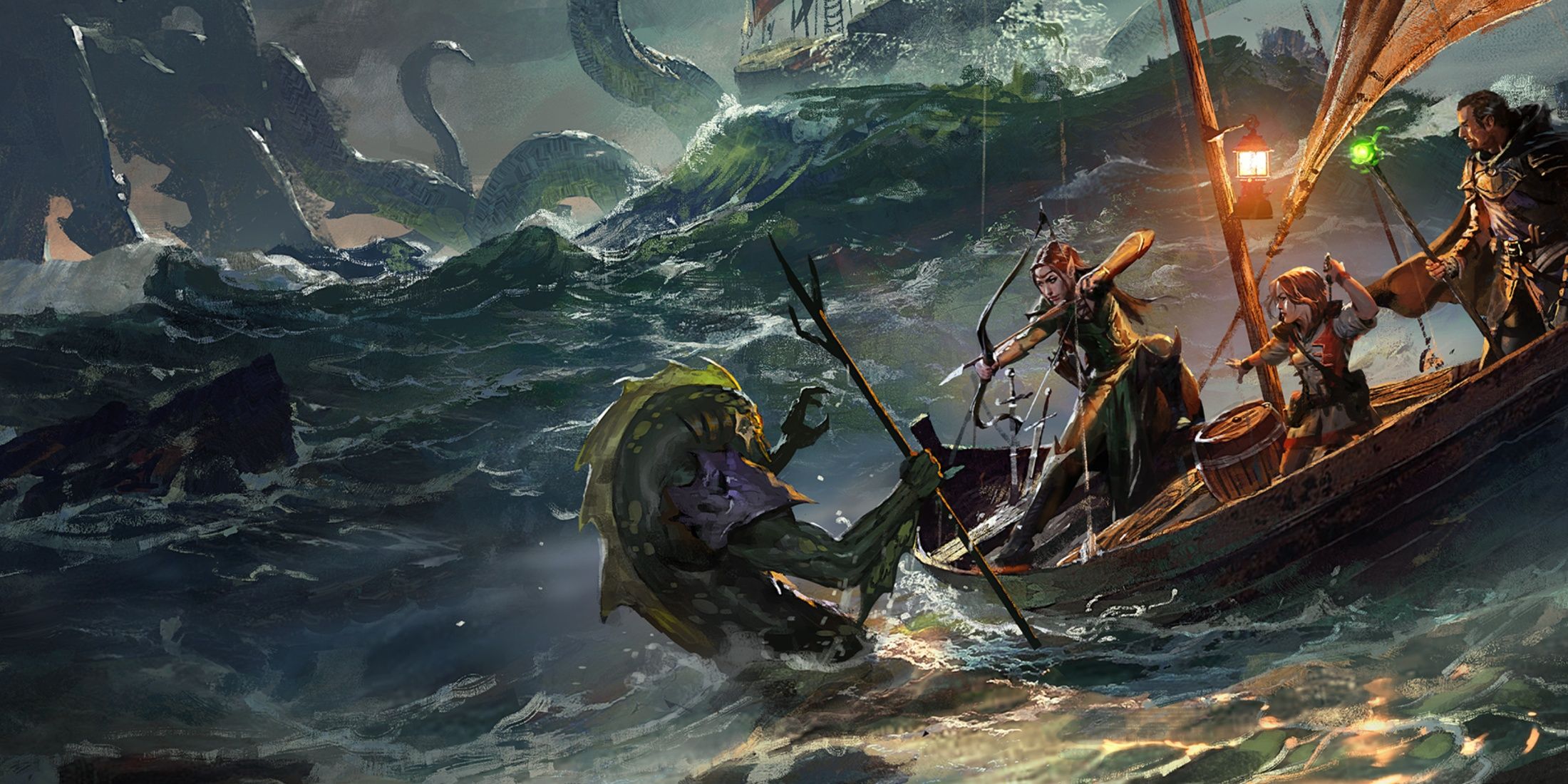 An adventuring party fighting a sea creature in Ghosts of Saltmarsh, a Dungeons and Dragons campaign