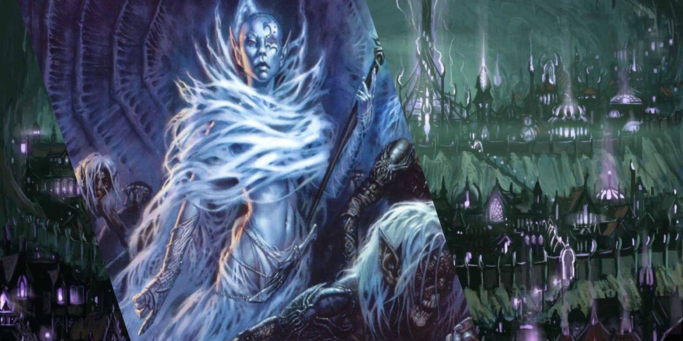 An image of a drow woman over an image of Menzoberranzan from a Wizards of the Coast artbook