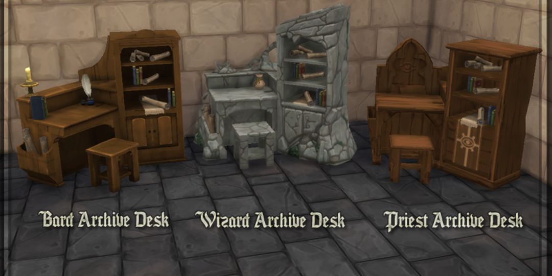 Three desks converted from the Sims Medieval sit on a stone floor.