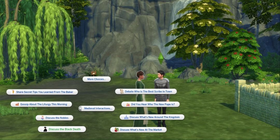 Two Sims stand chatting with some special medieval interactions.