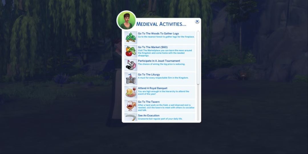 The interface of the Sims 4 Medieval Activities mod is shown.