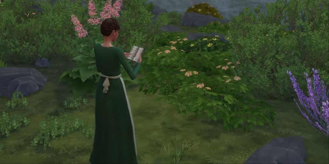 A Sim stands looking at a notebook.