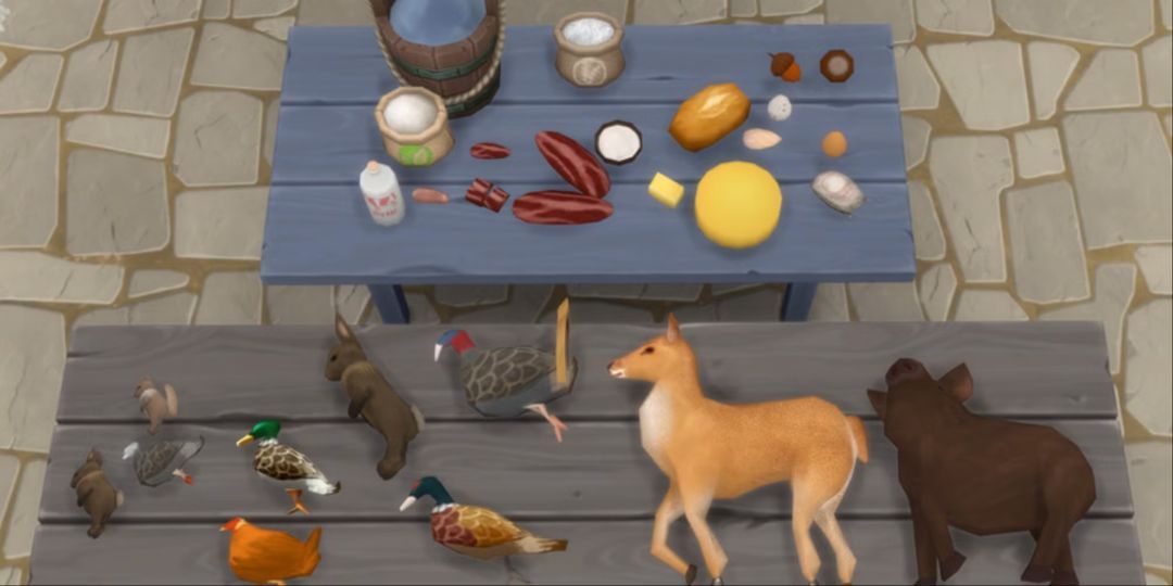 A group of animals and ingredients sit on a table.