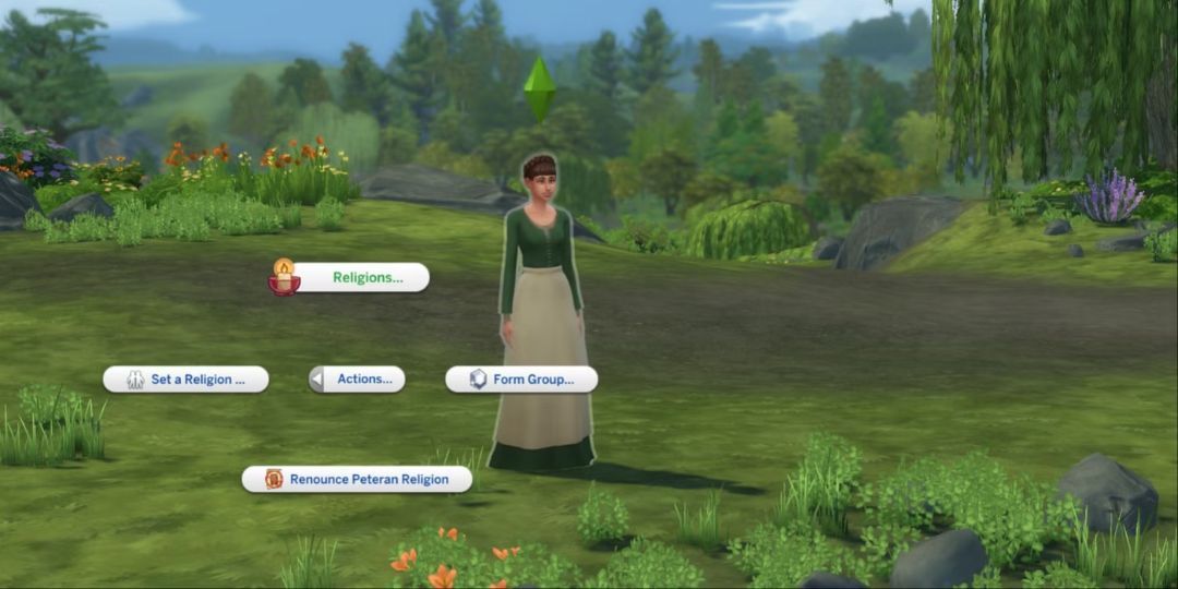 A Sim stands in the wood deciding what religion to take.