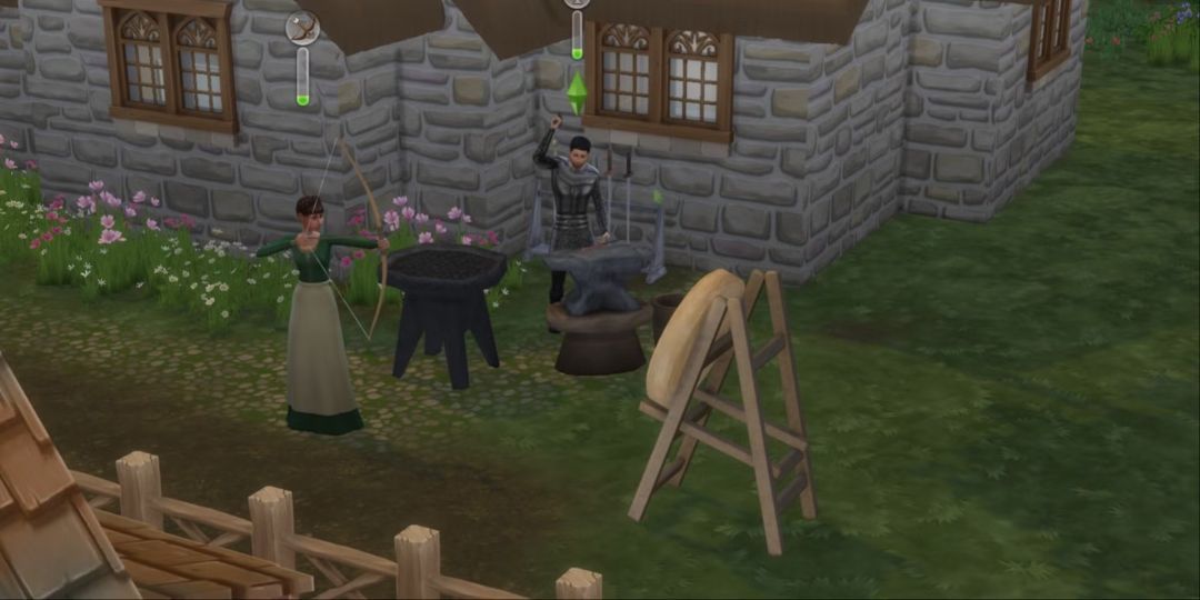 A Sim practices archery in a yard.