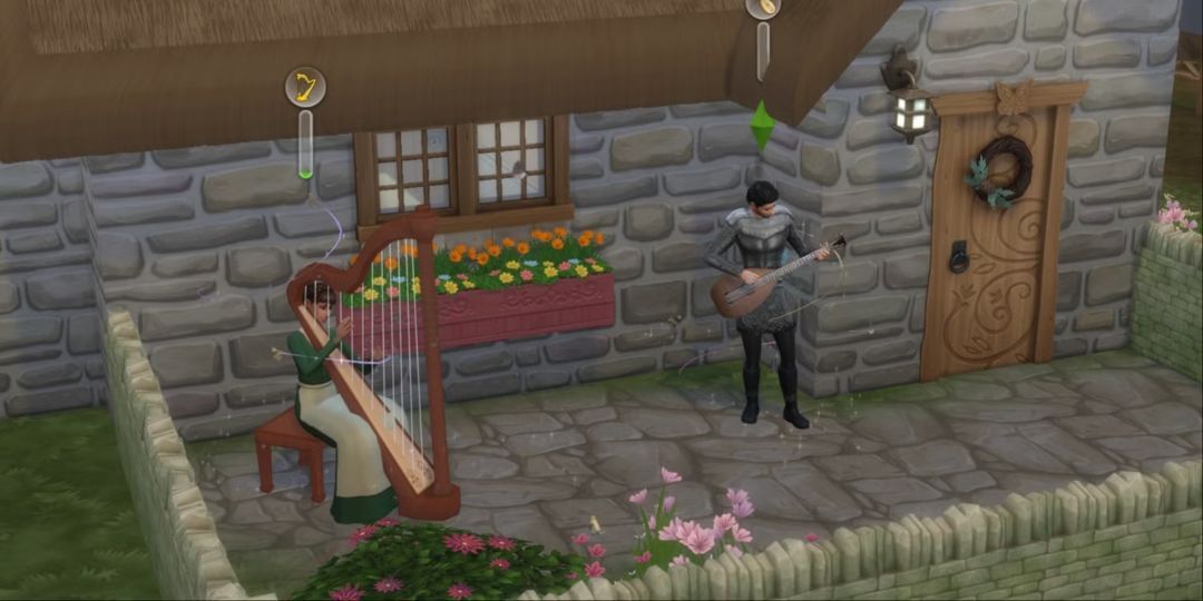 A Sim plays a harp while another plays the lute.