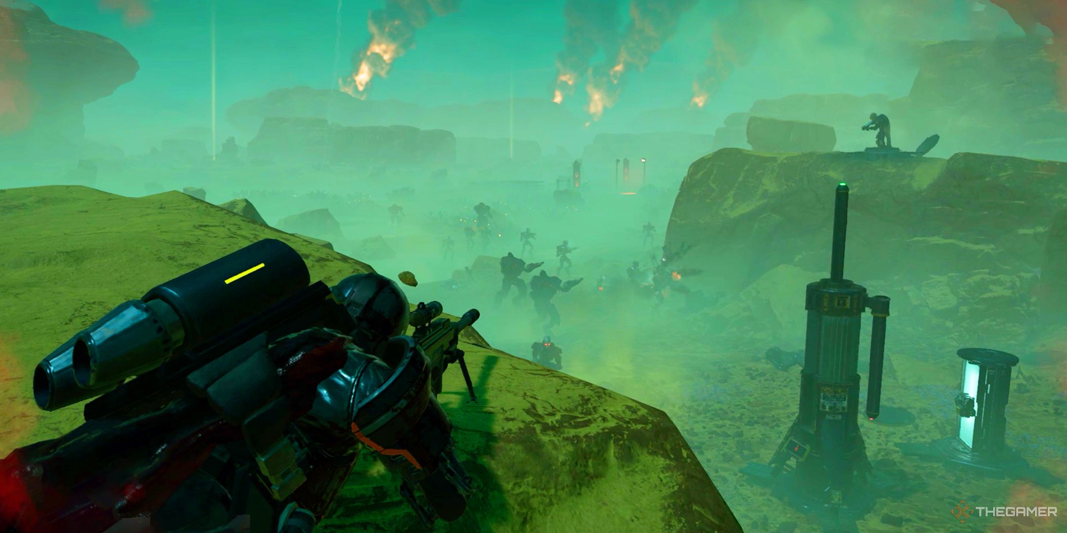 A player using the Anti-Materiel Rifle for the sniper build in Helldivers 2