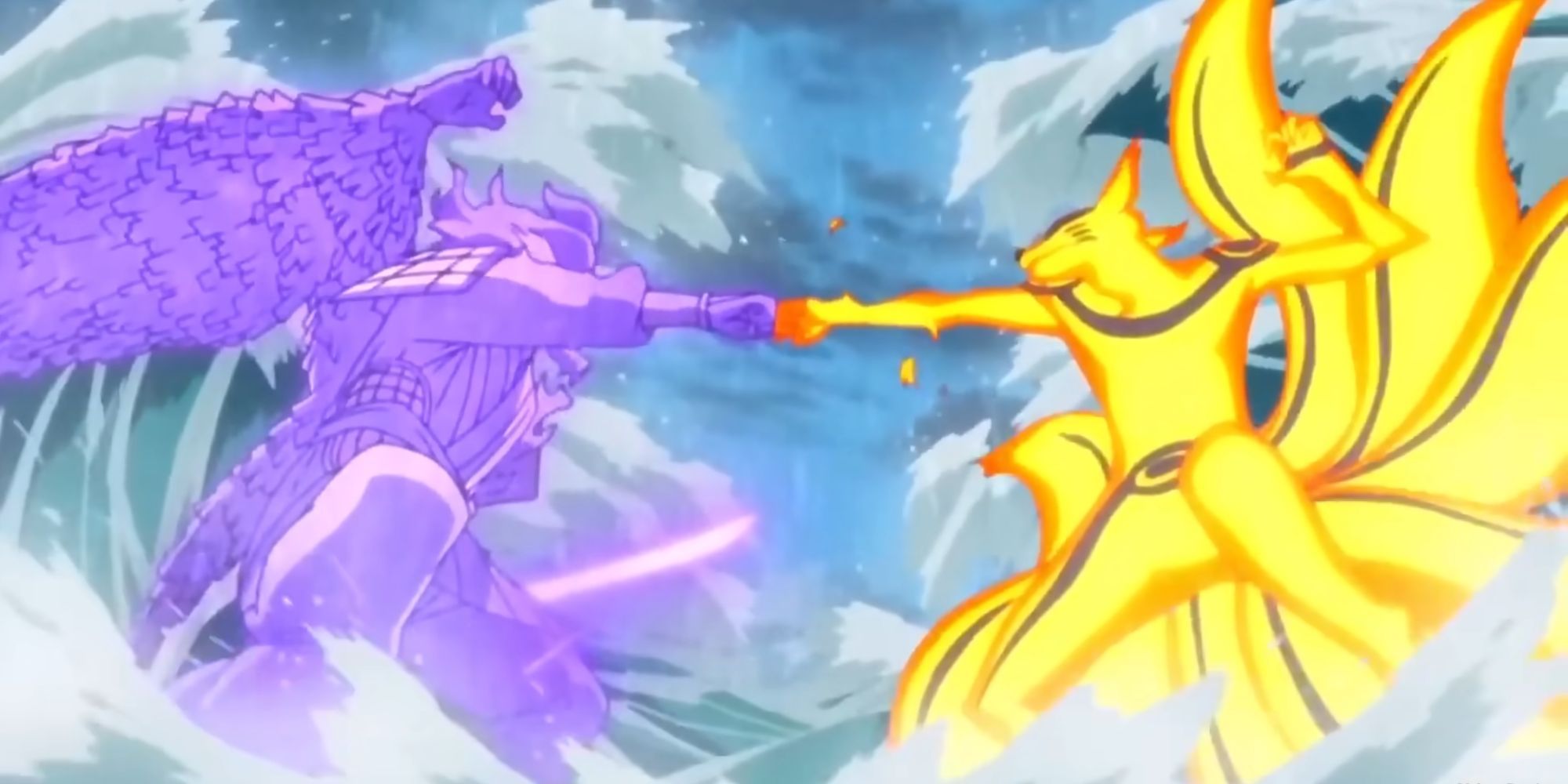 Susanoo (Sasuke) and Kurama (Naruto) collide their fists in one powerful attack.